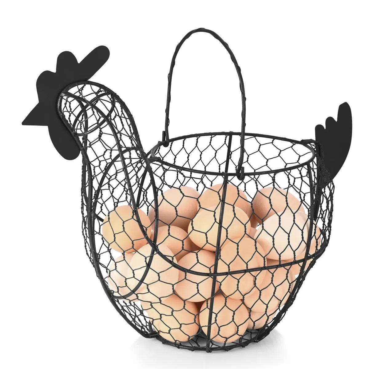 Flexzion Cesta de huevo de gallina, soporte de almacenamiento de huevos con asa, para huevos, frutas, verduras, estilo rústico de granja, color negro