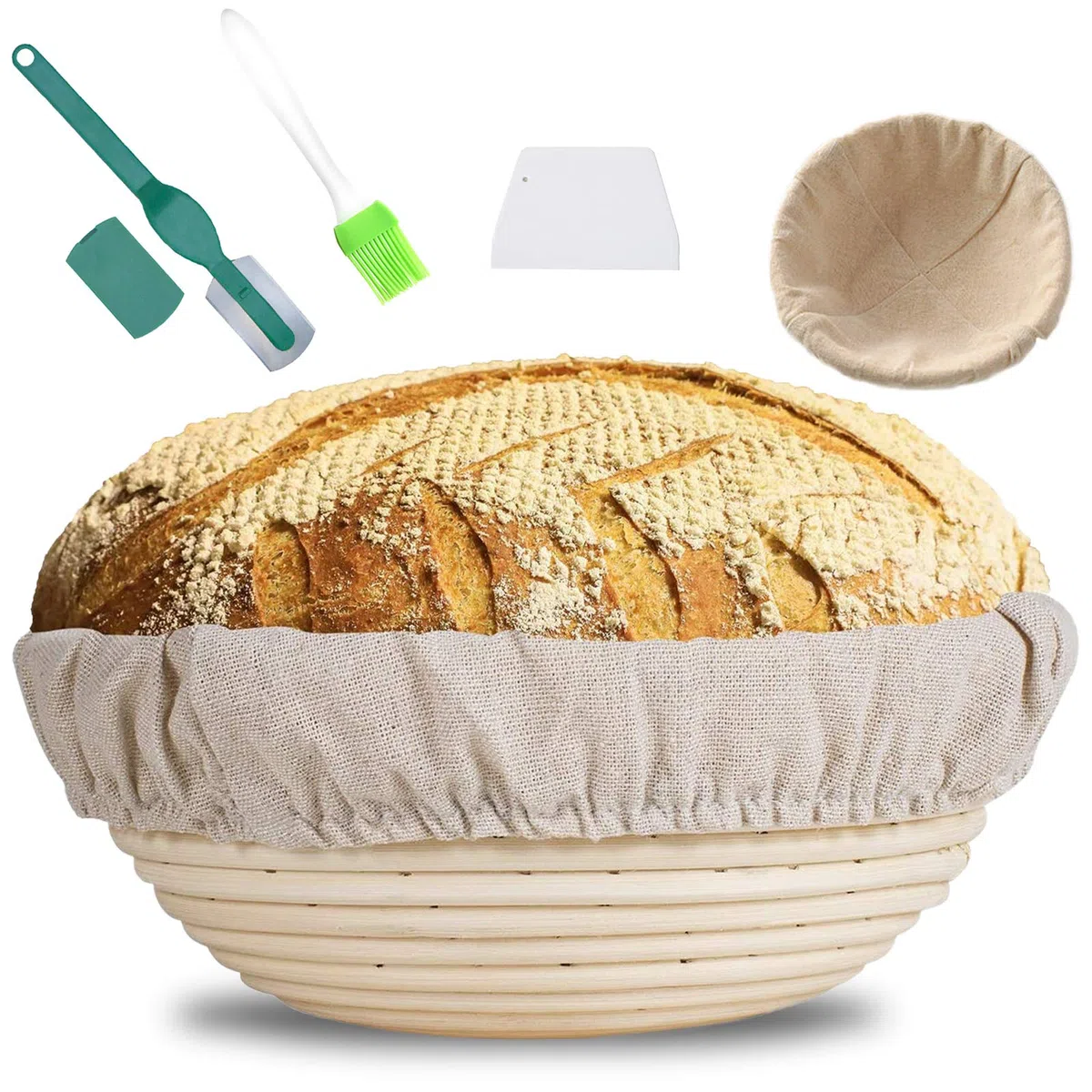 MUOIVG Cesta de Fermentación de Pan,10" Banneton Redondo 1000g, Cesta de Ratán Natural para Pan y Masa 25 x 25 x 8.5 cm con Tela de Lino, Raspador de Masa,Cuchillo de Panadero y Cepillo