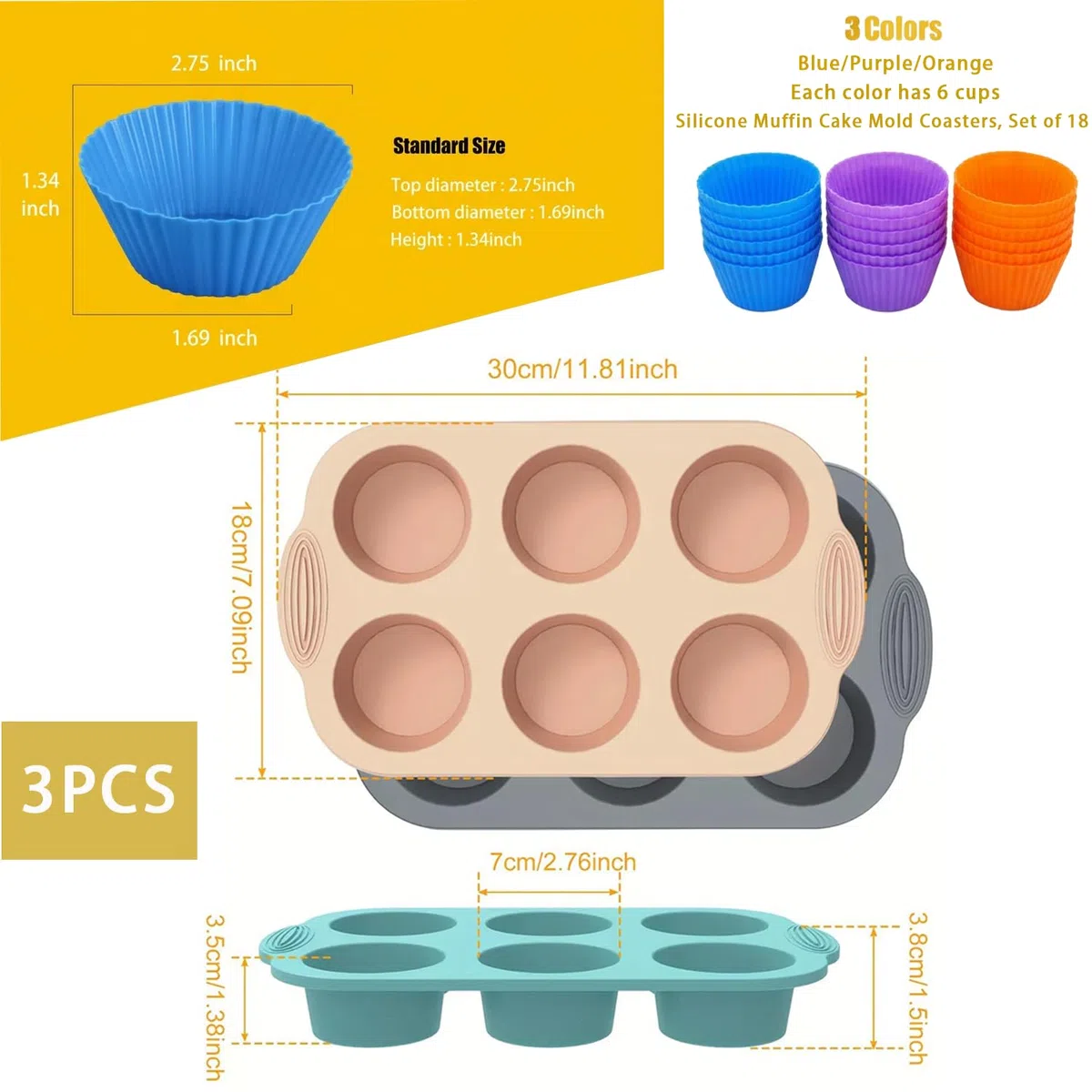 Molde Para Muffins 21 set, 3pcs Muffin tray,18 Moldes Individuales de Silicona Moldes Magdalenas,Antiadherente para Cupcakes,Molde tartaletas pequeña,Pudding.Bandeja Magdalenas Horno