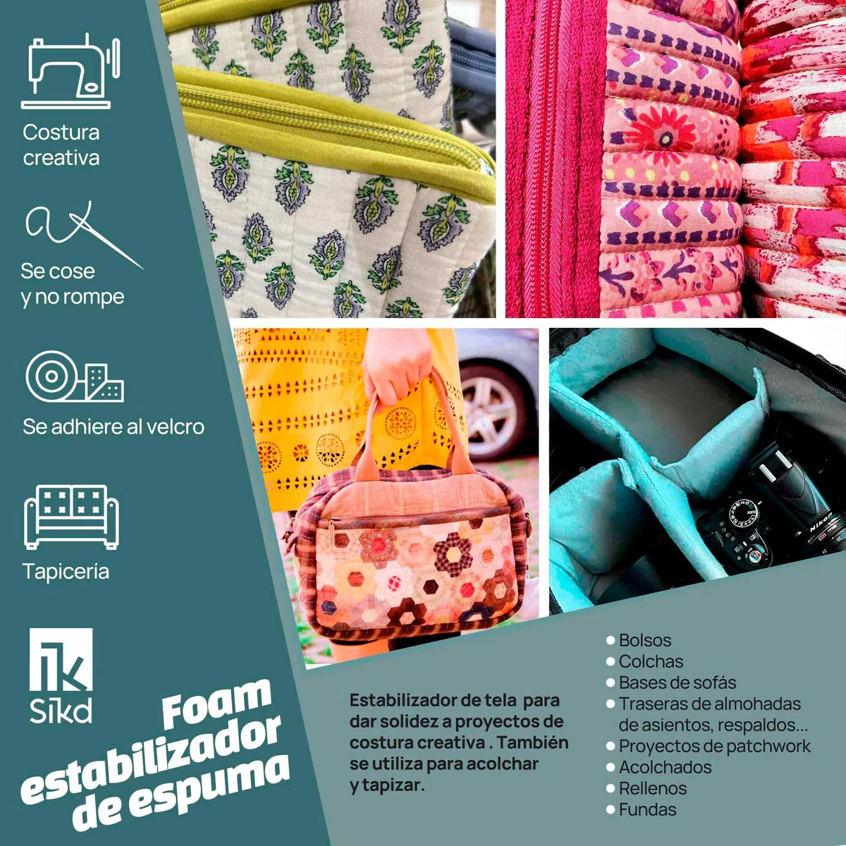 SIKD - Foam estabilizador de espuma para manualidades. 2x0,5m. Goma espuma para tapizar con forro y velour. Estabilizador de tela de costura. Blanco