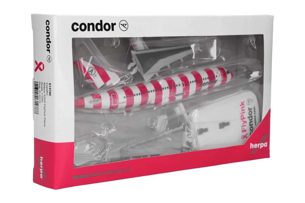 Herpa Miniatura del avión Condor Airbus A320 FlyPink Plane - Snap-Fit, Escala 1/200, Modelo prefabricado, maqueta de colección, modelismo, avión con Soporte, Figura plástico