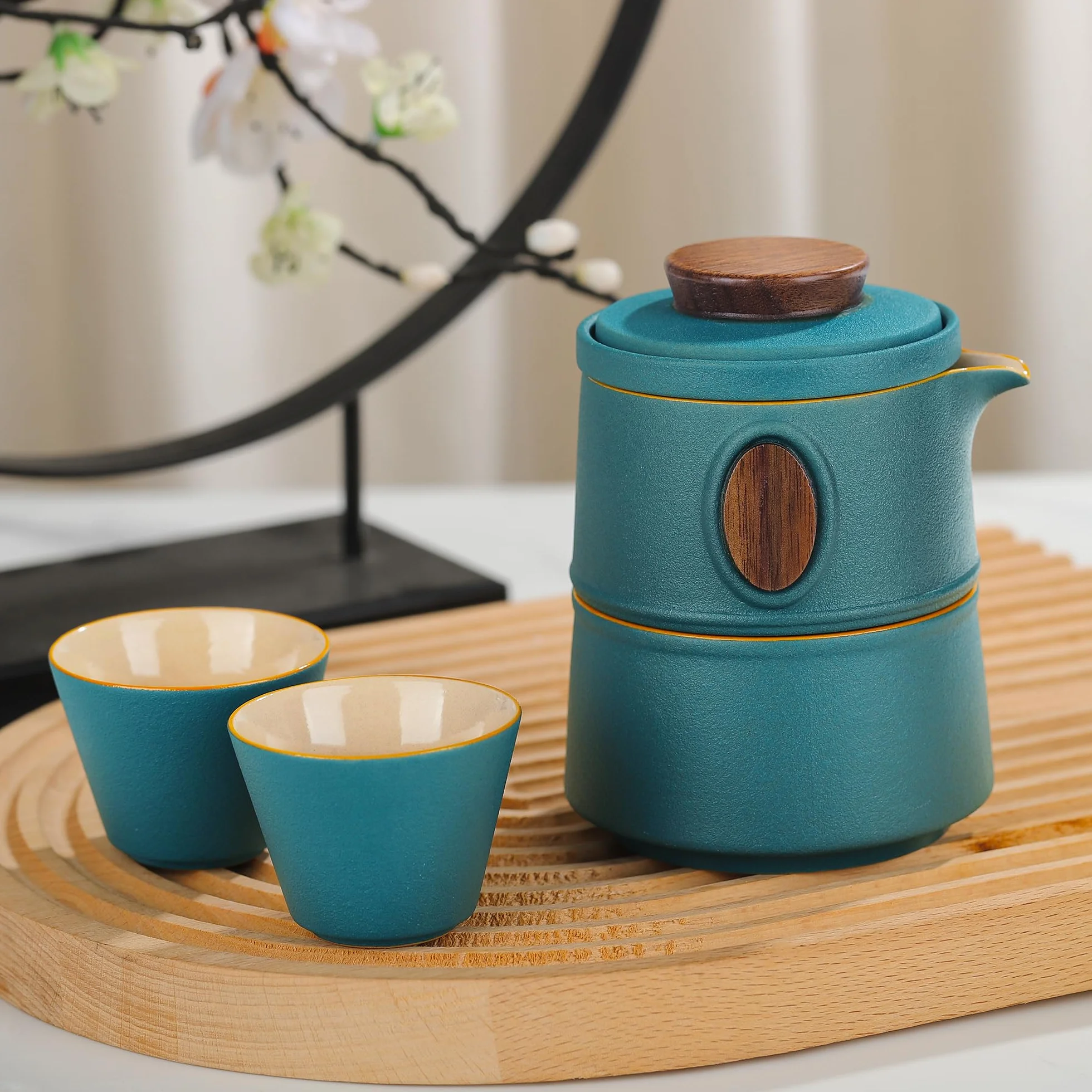fanquare Juego de Té Portátil de Viaje con Estuche Tetera de Kung Fu China de Porcelana Verde con Infusor Mini 1 Tetera 3 Tazas para Exterior