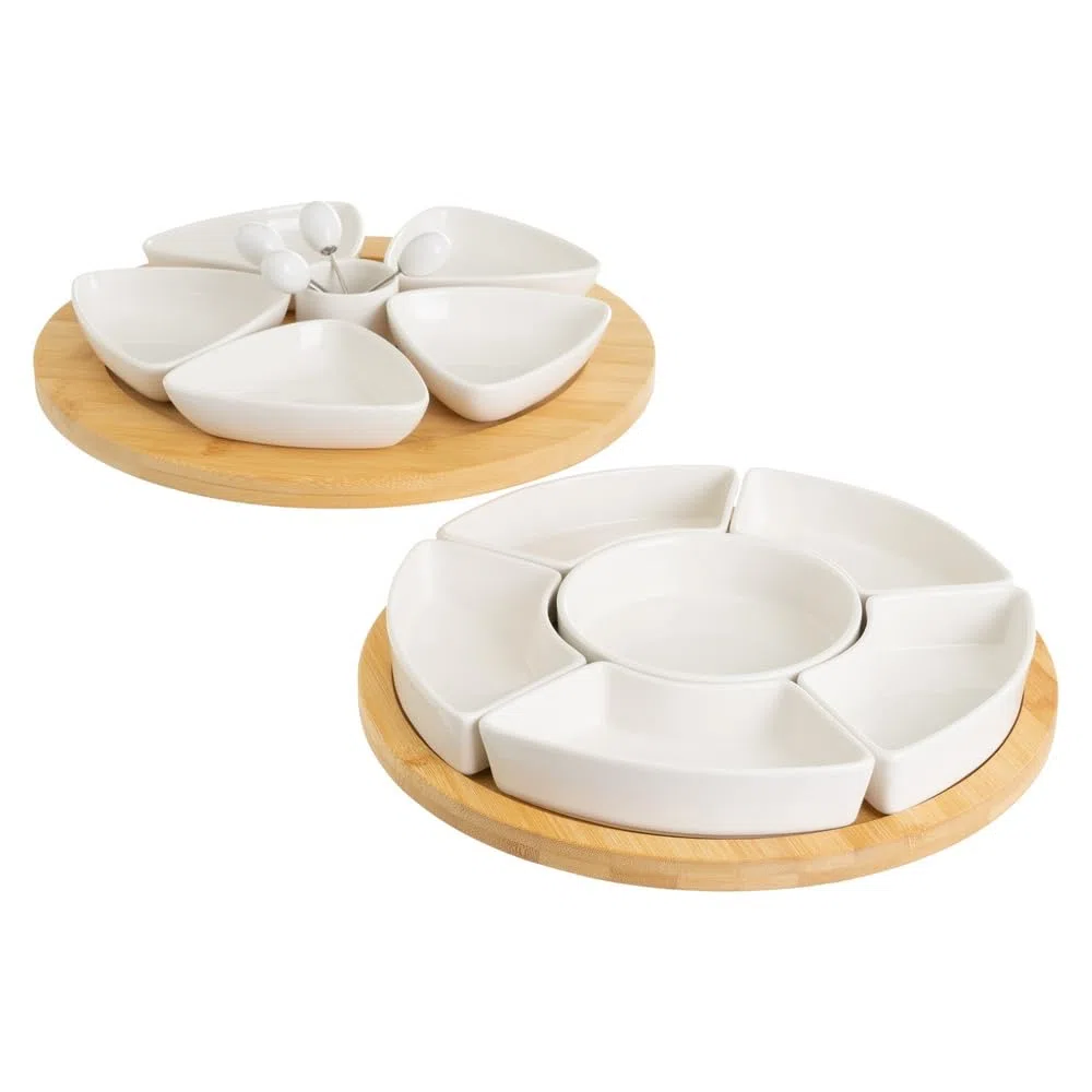 Juego de 6 platos de aperitivo blancos de porcelana con bandeja de bambú natural de Ø 30 cm