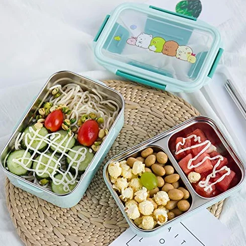 fiambrera, Fiambreras Bento, lonchera portátil de acero inoxidable doble capa, ideal for picnics y la escuela(Blue)