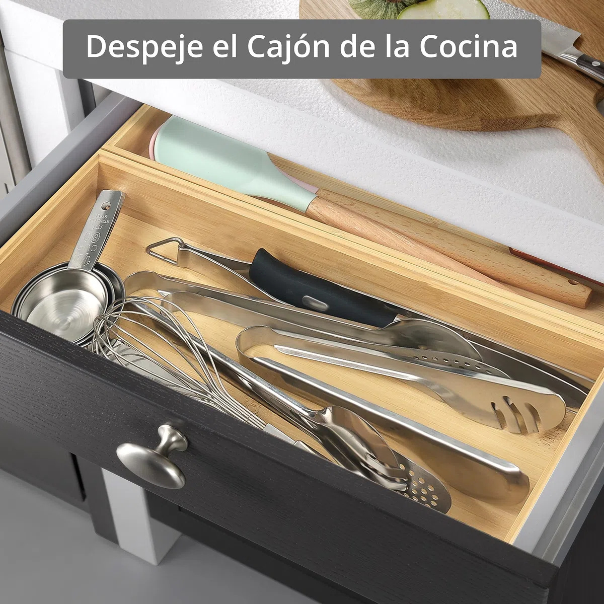 Winter Shore Organizador Cajones Cocina de Bambú [Pack de 2] - Bandeja Cubiertos Cajon de Madera Natural Apilables para Despensa - Guarda Cubiertos e Utensilios y Cubiertos - 15,5 x 6,5 x 38,5 cm