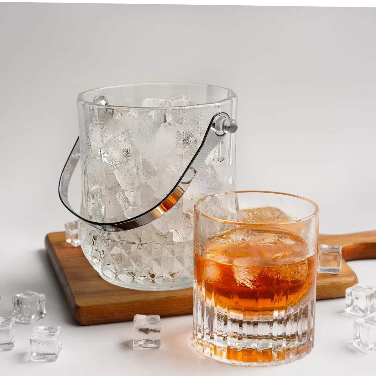 Cubitera de hielo de vidrio con asa y pinza para 37 onzas de cubitos de cristal transparente para cóctel, bar, vino, hogar, fiestas, cubo de champán