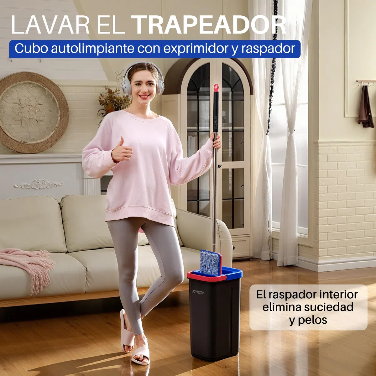 JOYMOOP Juego de mopa y Cubo para el hogar, Sistema de autolimpieza Manos Libres, 3 Almohadillas de Microfibra Reutilizables, para Pisos y Paredes - Negro + Rojo + Azul Pizarra