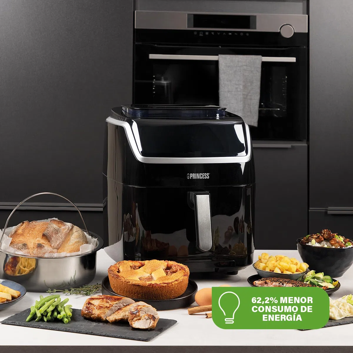 Princess 182080 Freidora sin aceite y vaporera 2 en 1 multifunción, capacidad 6.5 L, Ahorra hasta un 62,2% de energía, 8 programas, panel digital táctil, recetario en PDF y accesorios incluidos
