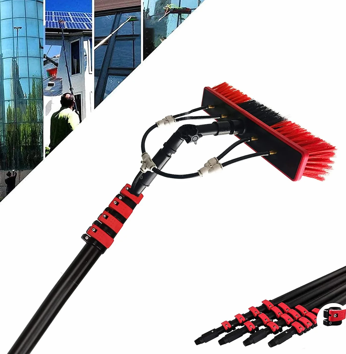 Pértiga de Limpieza de Ventanas de 3,65 m con Manguera de 20 m y dispensador de jabón - Kit de Cepillo Extensible para canalones, tejados, invernaderos y Zonas de difícil