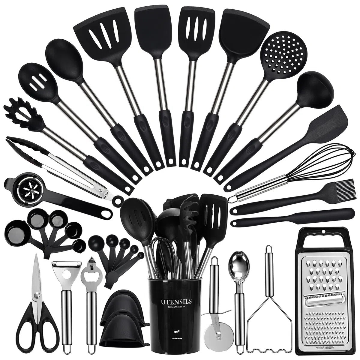 Juego de utensilios de cocina grandes, juego de 35 espátulas con soporte, juego de utensilios de cocina de silicona con mango de acero inoxidable, rallador de queso, tijeras, cuchara de helado,