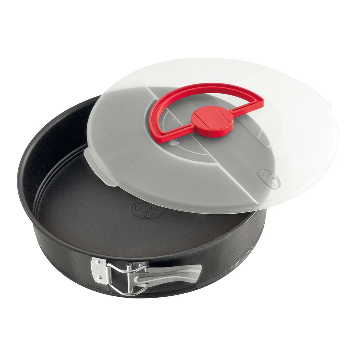 Dr. Oetker Bake&Go Molde Hornear Redondo Desmontable con Tapa para Transportarr y Almacenar, 26 cm Diámetro, Acero con Revestimiento Antiadherente, Color negro, 1 ud.