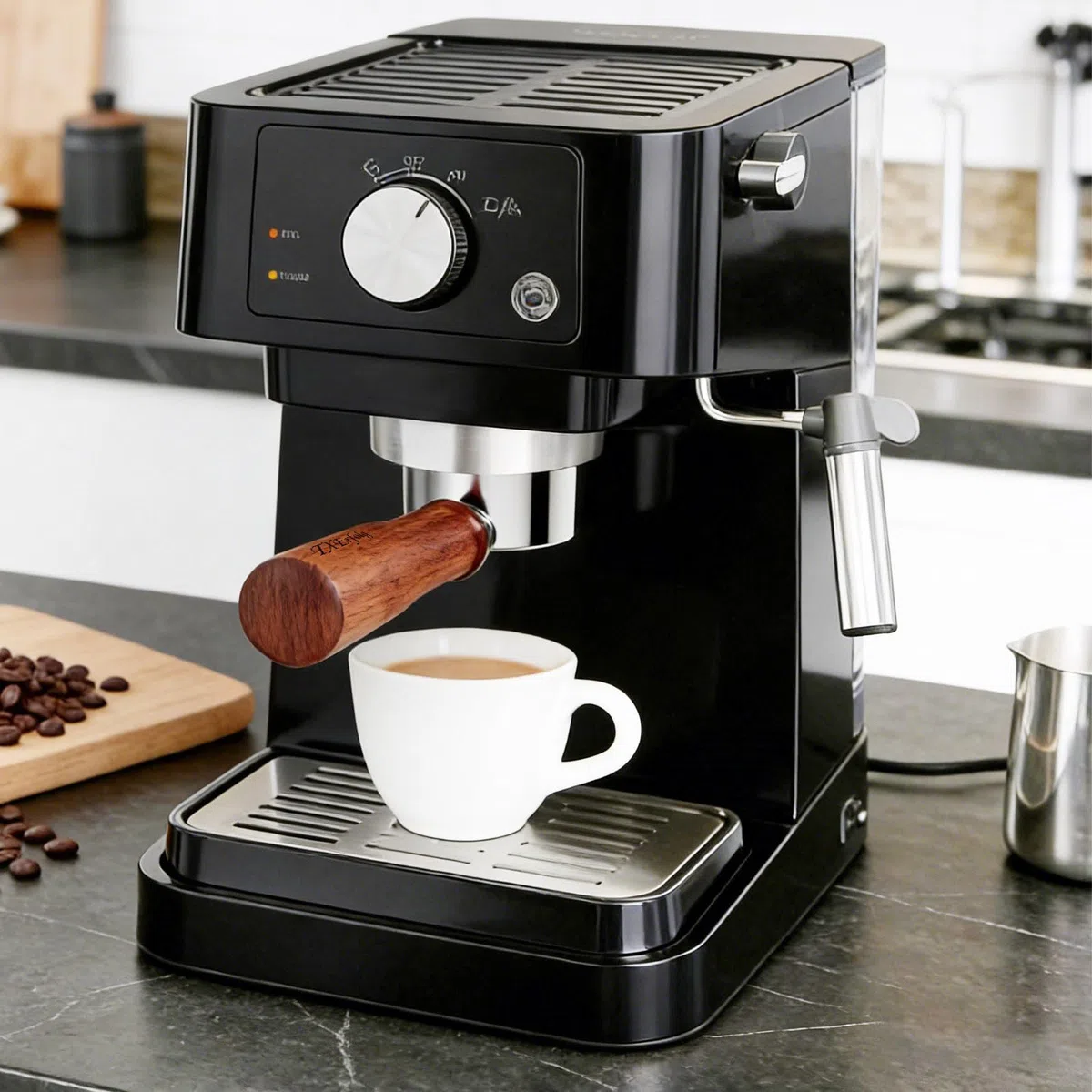Portafiltro sin Fondo de 51 mm con 3 orejas, Compatible con DeLonghi Dedica EC680/EC685, SMEG y EUPA, Mango de madera de nogal con cesta de acero inoxidable, distribuidor de agujas
