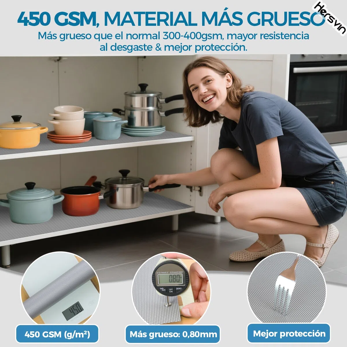 Hersvin 45cmx500cm Plastico Protector para Cocina Cajones, Alfombras Non Adhesivo para Nevera Mueble Fregadero Estante Organizador Cubiertos EVA Cubre Encimera(Gris Diamante)