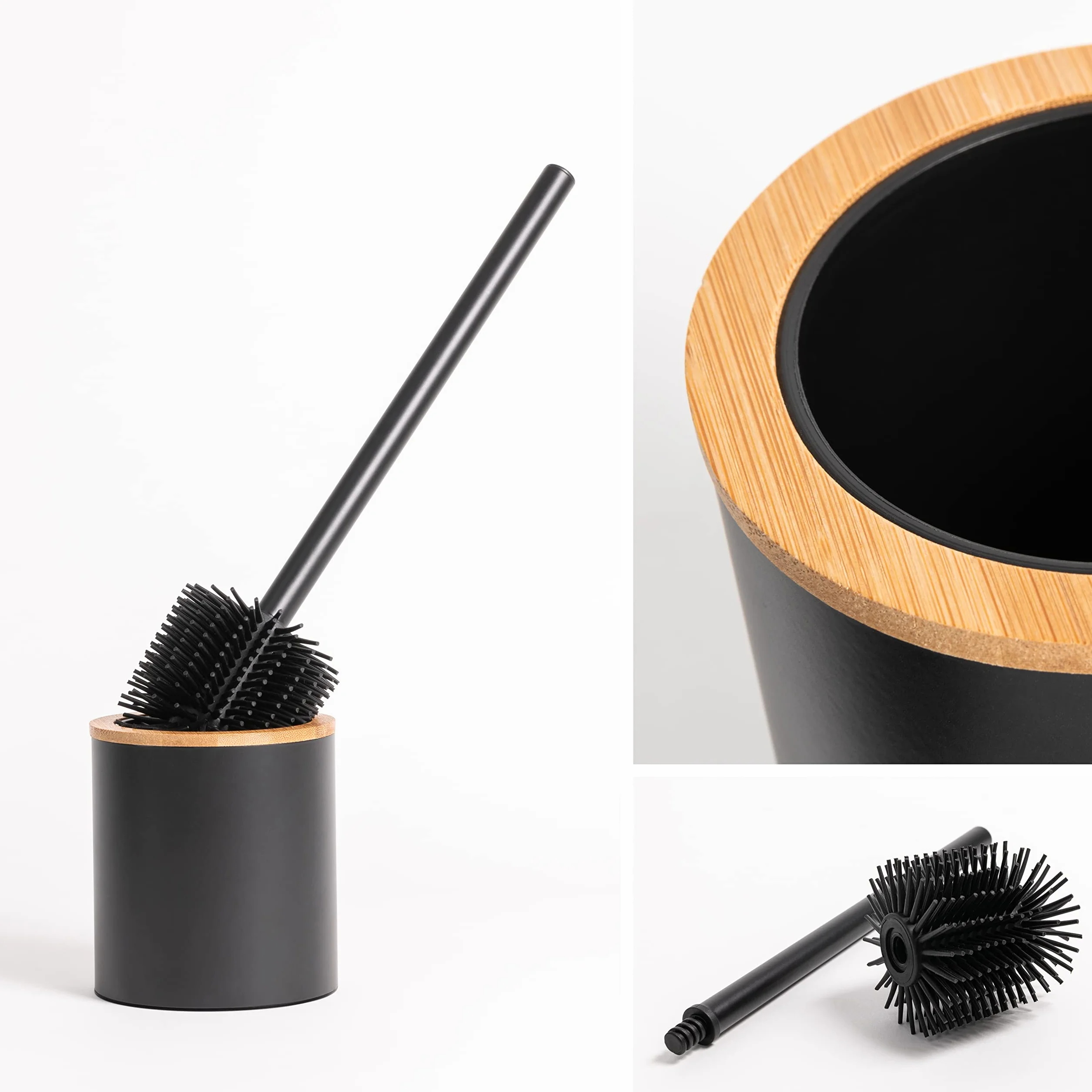 KAZAI. Escobillero de Baño Silicona y Escobillero en Óptica de Madera | Acero Inoxidable, Cabeza de Silicona, Diseño de Bambú | Negro