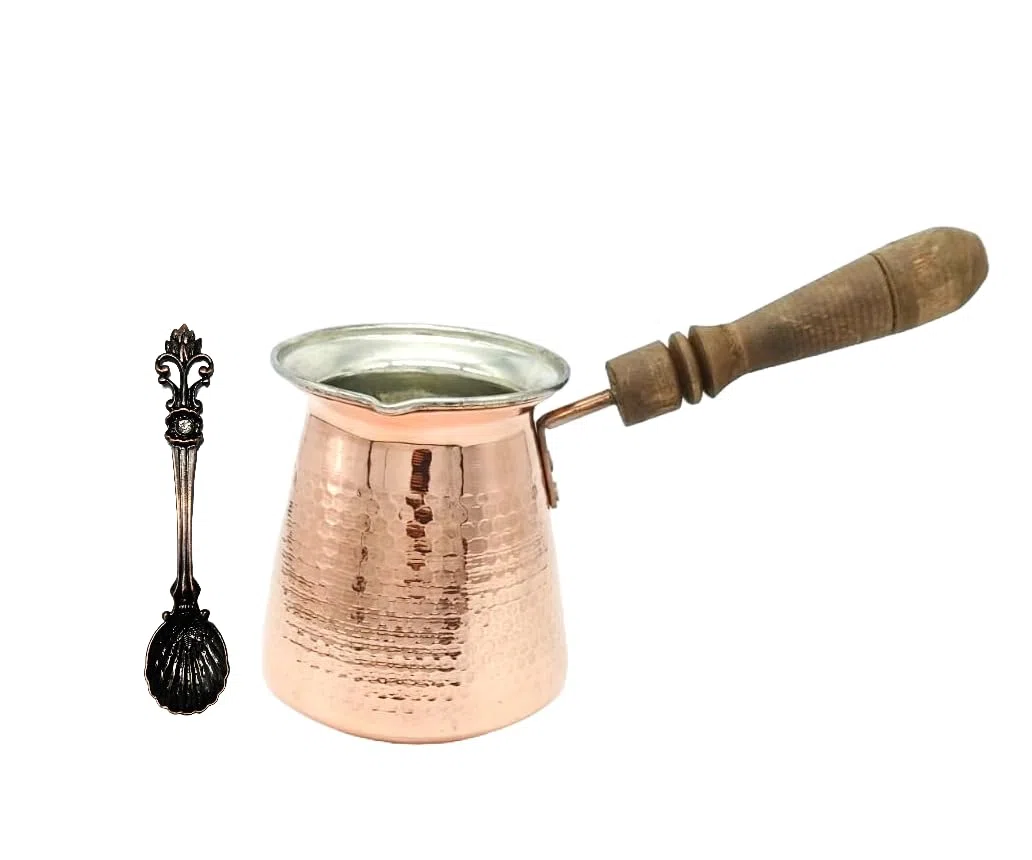 Leo Design Cafetera turca de 5 tamaños, cafetera griega árabe estufa de café grueso de 3 mm sólido martillado hecho a mano grabado de cobre Cezve Ibrik Briki con mango de madera para 2-8 personas (4