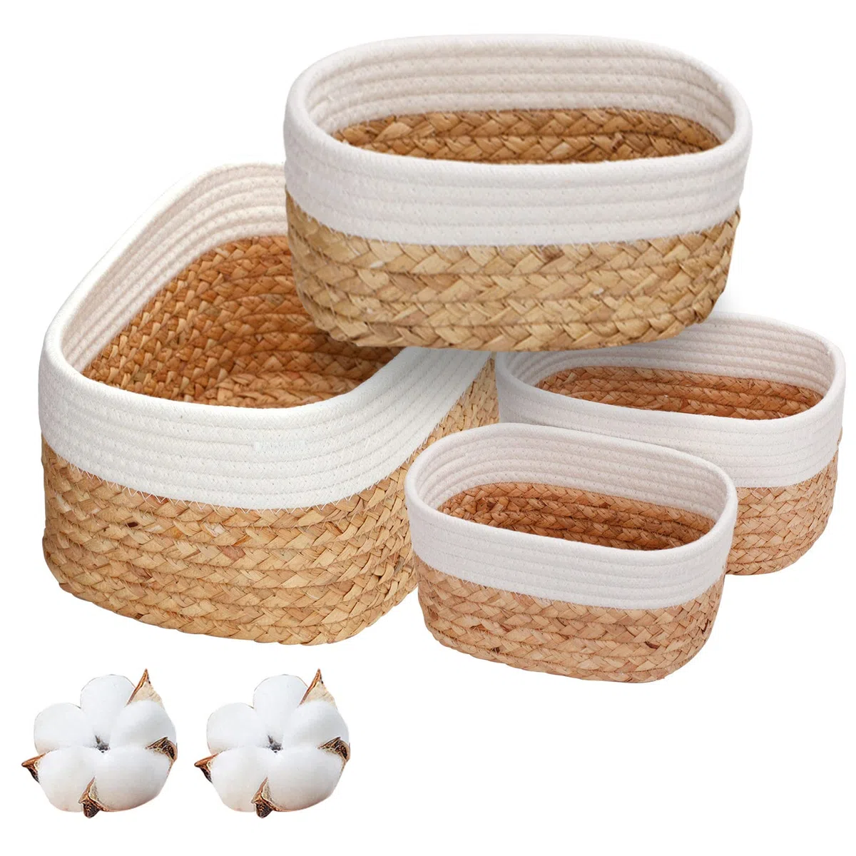 Cesta de almacenamiento, 4 cestas trenzadas, juego de jacinto de agua y algodón, caja organizadora para baño decorativa, baño o dormitorio