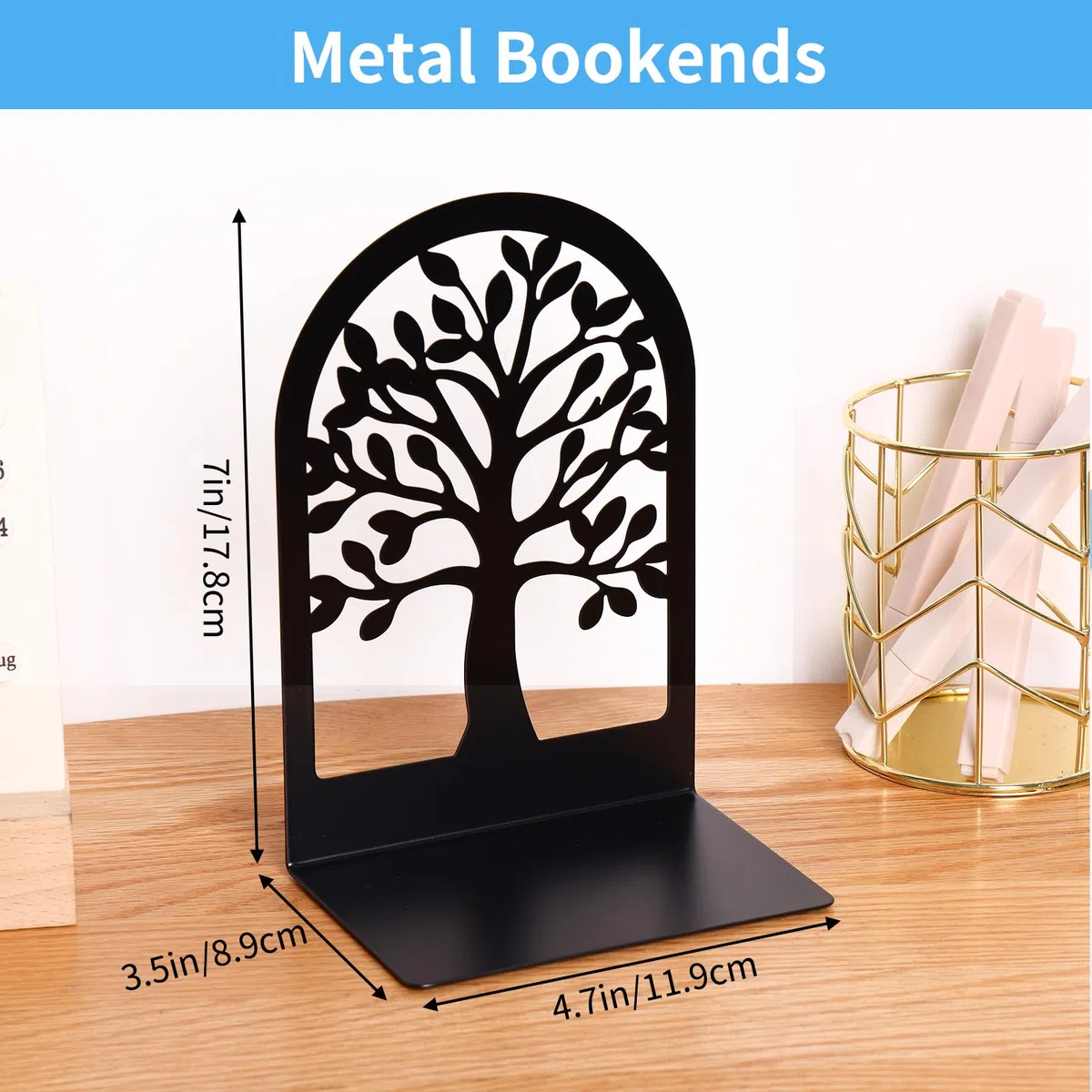 EOOUT Sujetalibros Decorativos para estantes, 5 Pares de Soportes de sujetalibros de árbol, topes de Metal Negro para Libros Pesados, Extremos de Libros Resistentes para el hogar, la Oficina y la