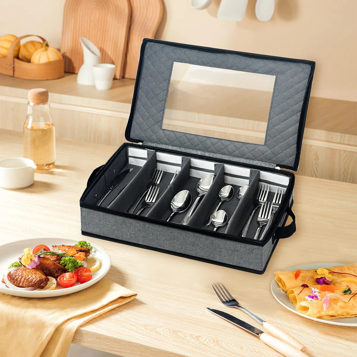 Organizador Cubiertos, Cubertero con Divisores Ajustables, Bandeja Cubiertos con Tapa Para Guardar Cuchillos, Tenedores y Cucharas, Adecuado Para Cocinas de Camping, Vacaciones y Viajes