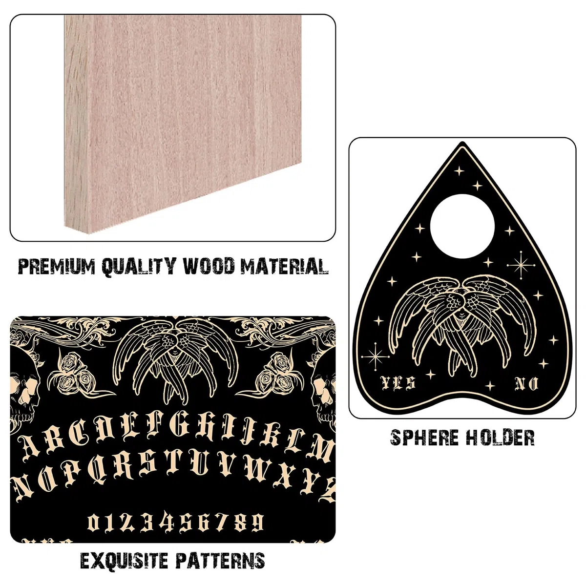 CREATCABIN Tablero Parlante de Espíritu de Madera con Diseño de Calavera, Tablero de Adivinación de Péndulo Rectangular Negro con Planchette Spirit Hunt Decor, Kit de Suministros de Mensajes