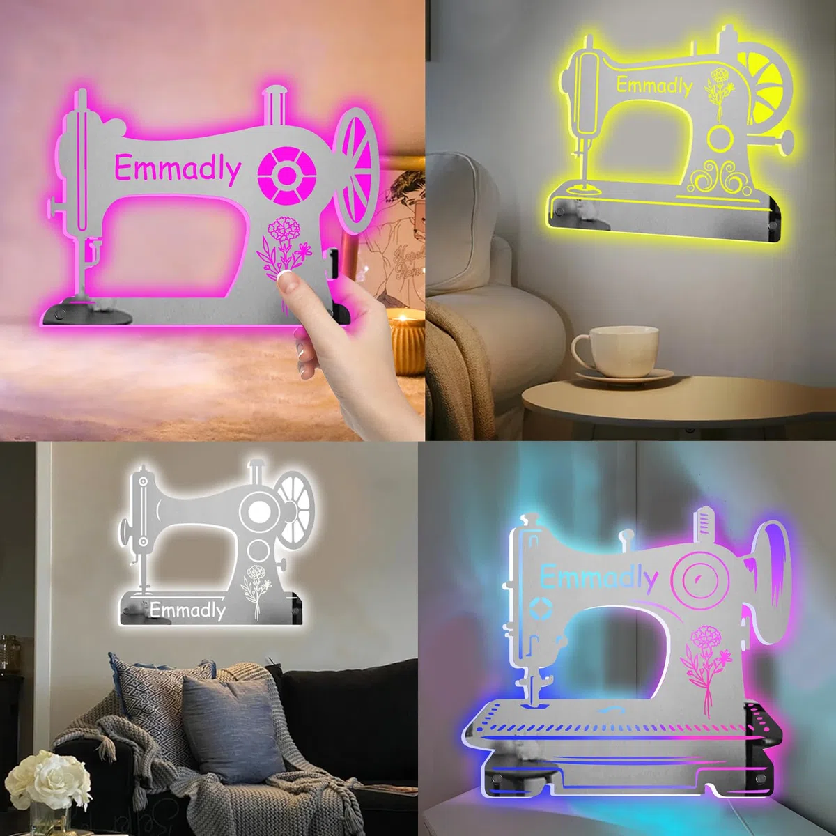 Espejo de máquina de coser con nombre personalizado para mamá, esposa, abuela, familia, personalizable, cumpleaños, flor, mes, máquina de coser montada en la pared, espejo acrílico, letrero