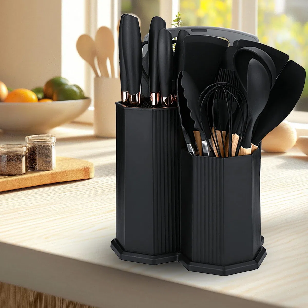 Juego de utensilios de cocina de 19 piezas con cuchillos tabla de cortar y caja de almacenamiento en forma de diamante – utensilios de silicona resistentes al calor negro