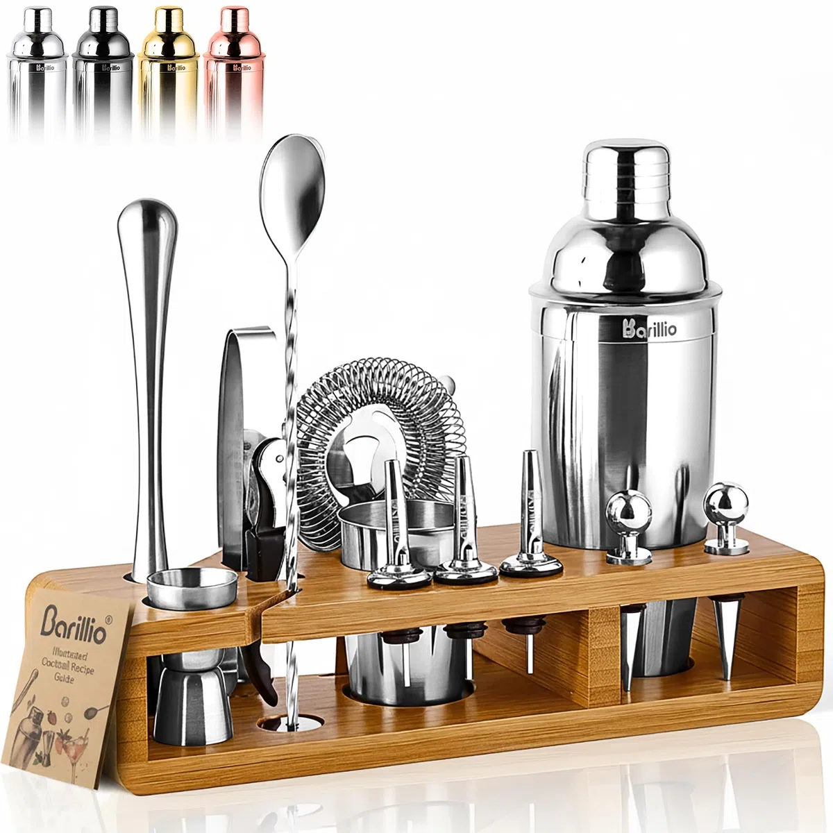 Barillio Elite Mixology - Juego de coctelera para Barman con Herramientas de Barra, Elegante Soporte de bambú, Bolsa de Transporte de Terciopelo y folleto de Recetas