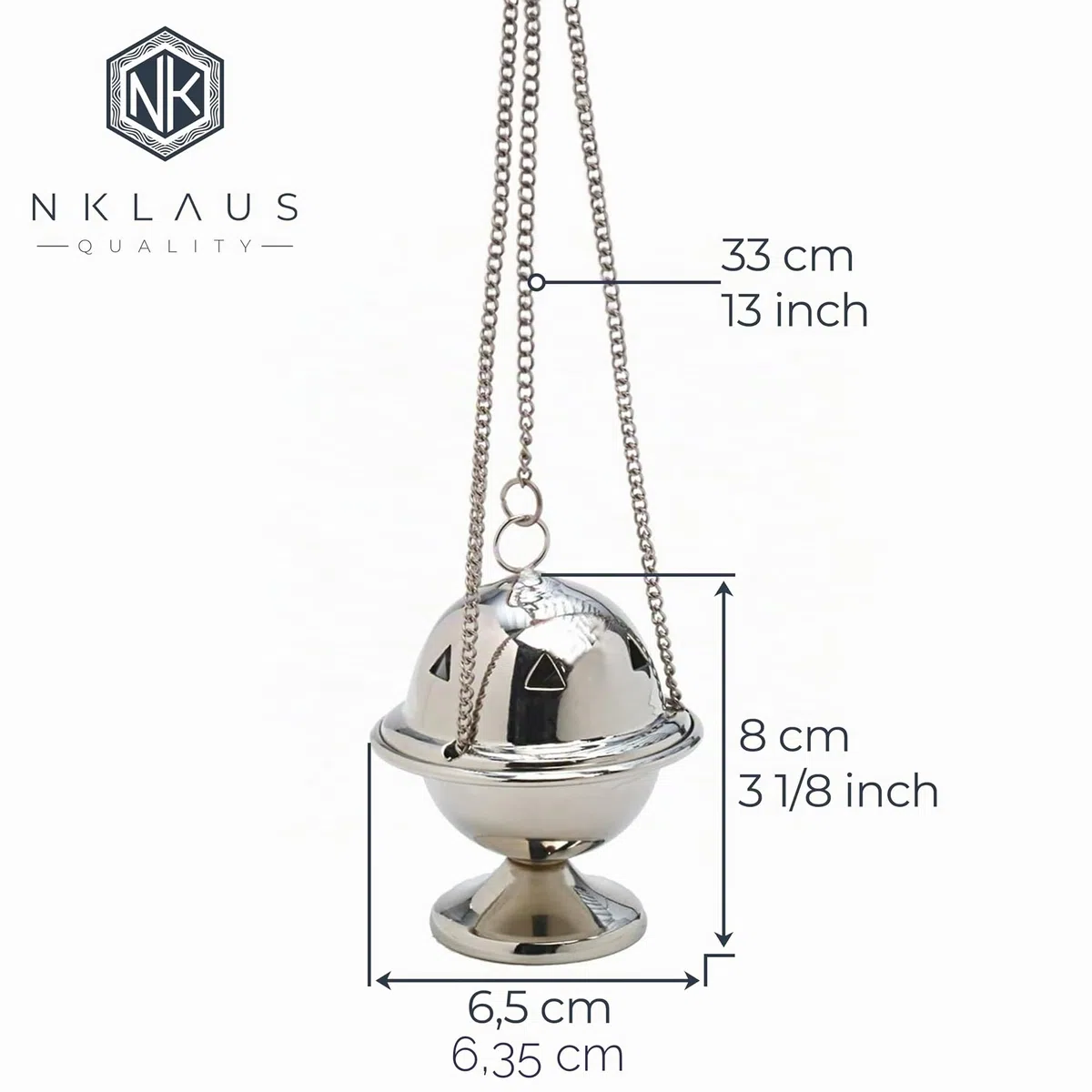 Nklaus Incensario Plateado de latón Cadena 33 cm 8x6,5 cm Quemador Tradicional de Incienso para Altar, rituales o purificación 7529