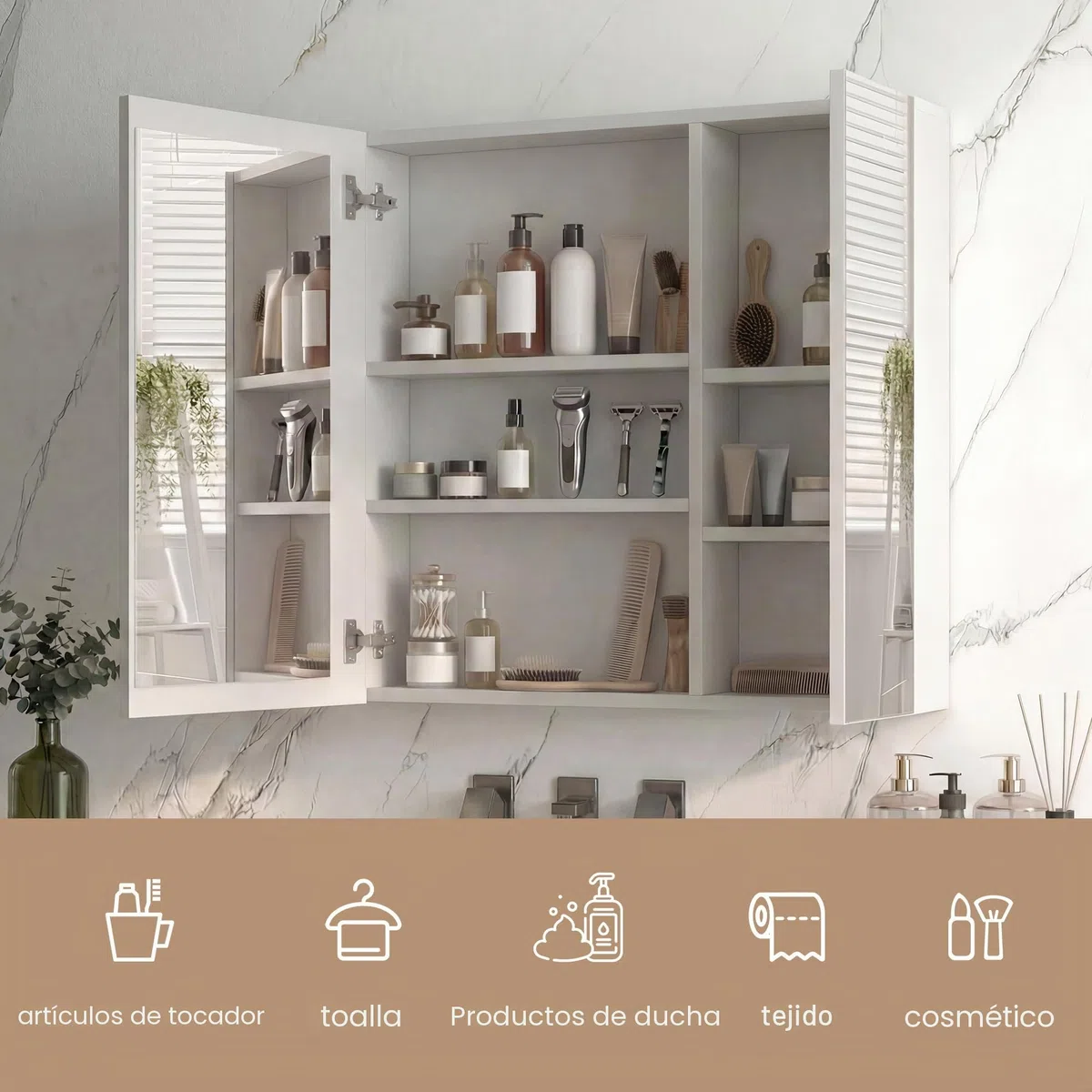 Armario de baño con espejo y luz LED, espejo de baño con almacenamiento, función antiniebla, 3 temperaturas, con estante ajustable, estilo moderno (70 x 13,5 x 60)