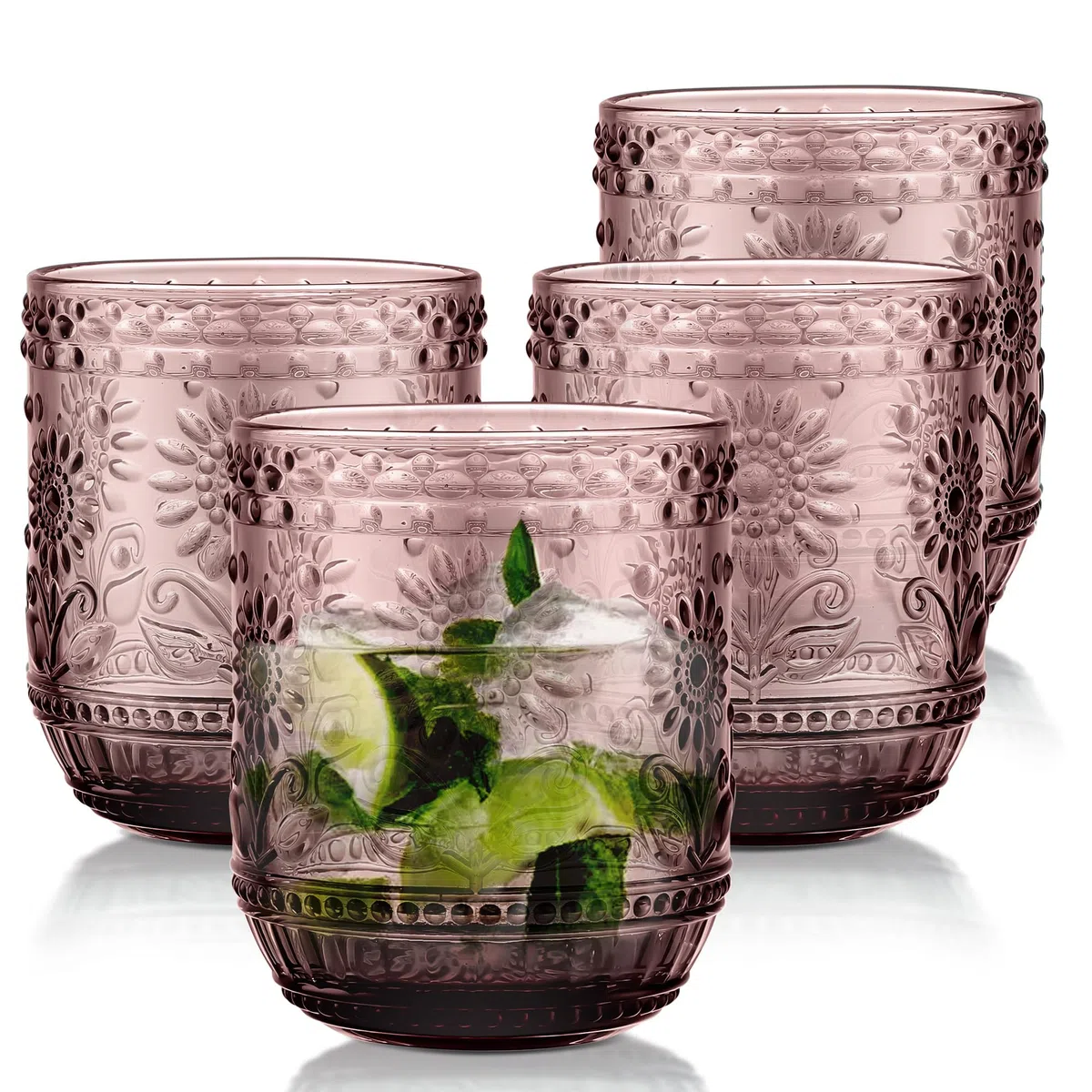 Joeyan Vasos Cristal Colorido,360ml Púrpura Vaso de Agua Modernos, Vaso de Vidrio con Estampado de Flores, Juego de 4 para Limonada Bebidas de Jugo Cola cóctel Cafe Sidra, Apto para Lavavajillas