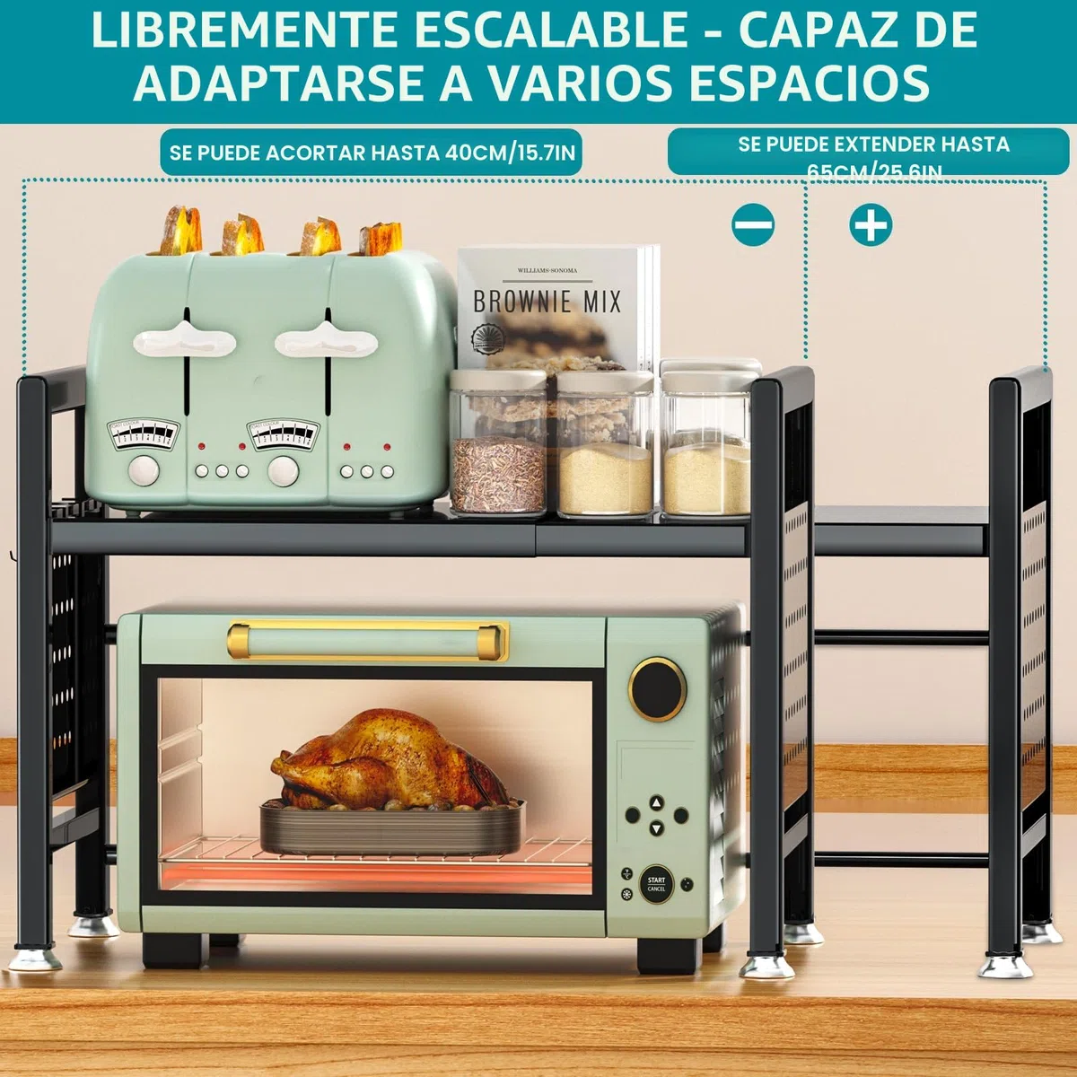 Soporte Extensible para Microondas de 2 Niveles, Soporte Microondas Extensible 40-65cm, Estante Microondas, Mueble para Microondas con Soporte para Tabla de Cortar, 6 Ganchos (Negro)