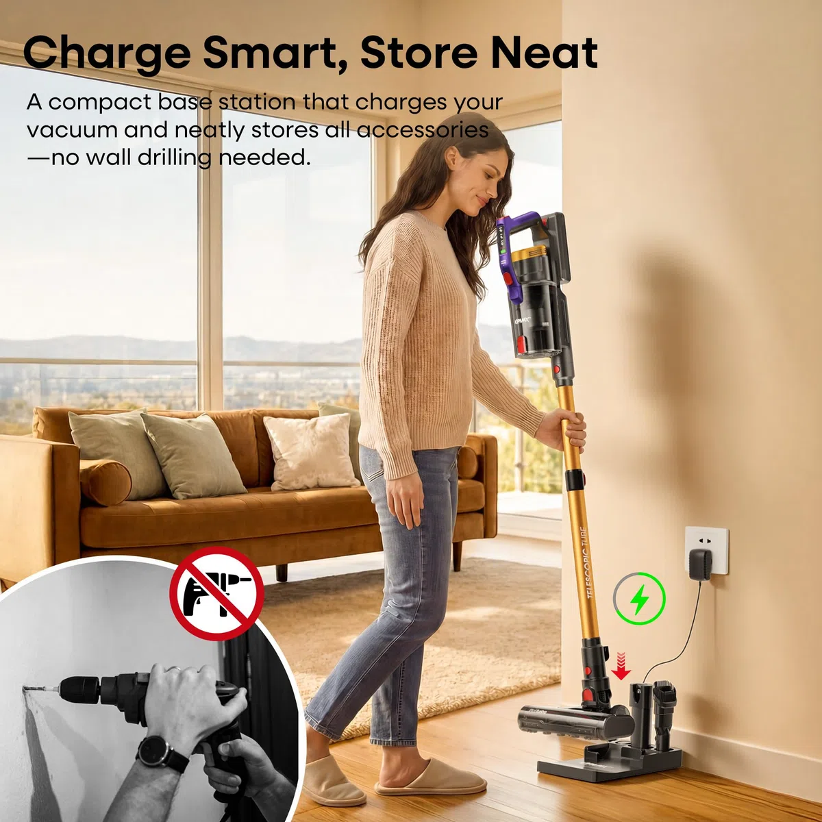 KIPMAX Aspirador Escoba Inalámbrico, para Suelos Duros, Alfombras, Animales y Coche, 550 W/50 KPa/70 Mins Aspirador Inalámbrico Potente, con Base de Carga y Almacenamiento, Perfumado, Cepillo