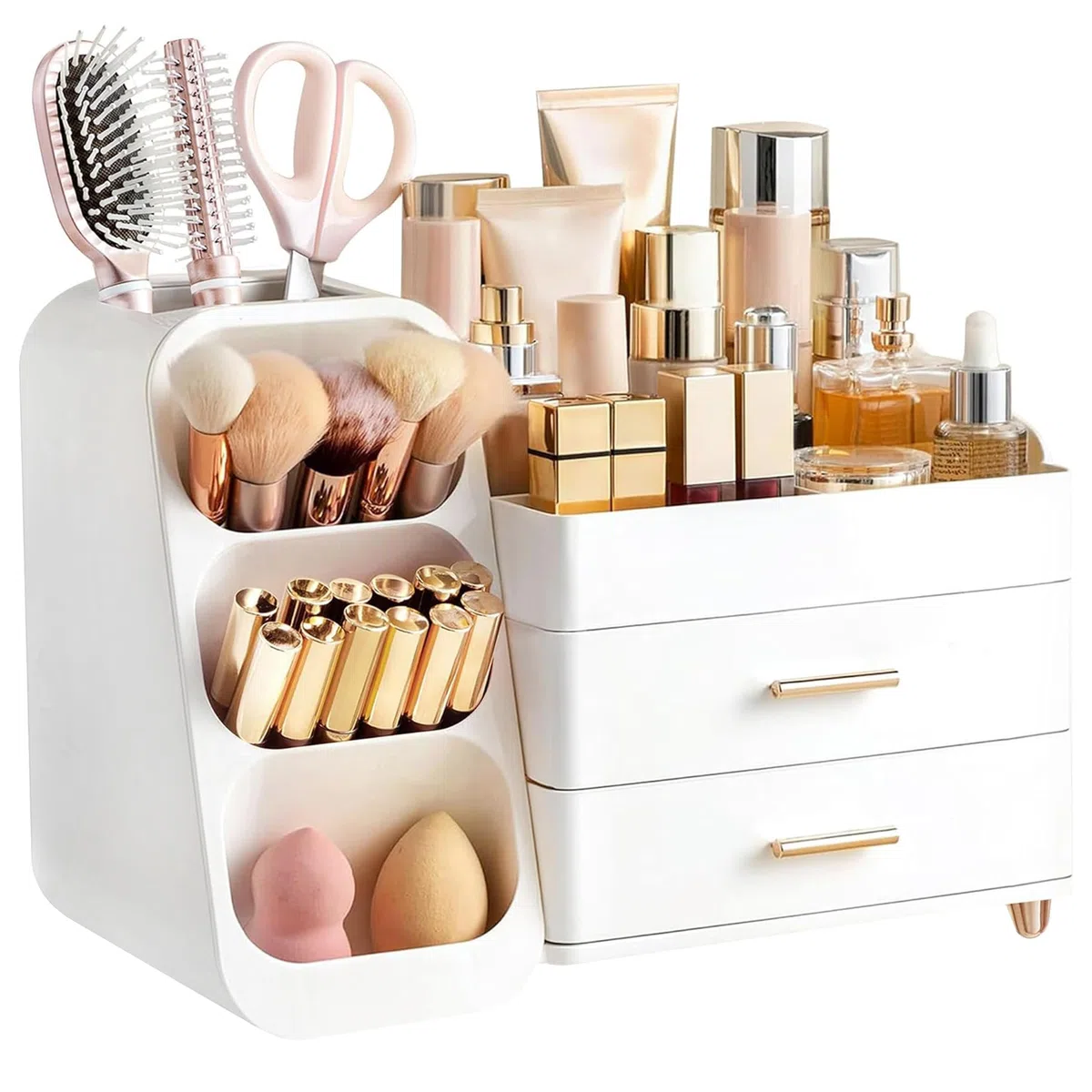 hblife Organizador de maquillaje, organizador de maquillaje con cajones, porta pinceles Make Up, caja cosmética de plástico 3 en 1, caja de almacenamiento de maquillaje blanca