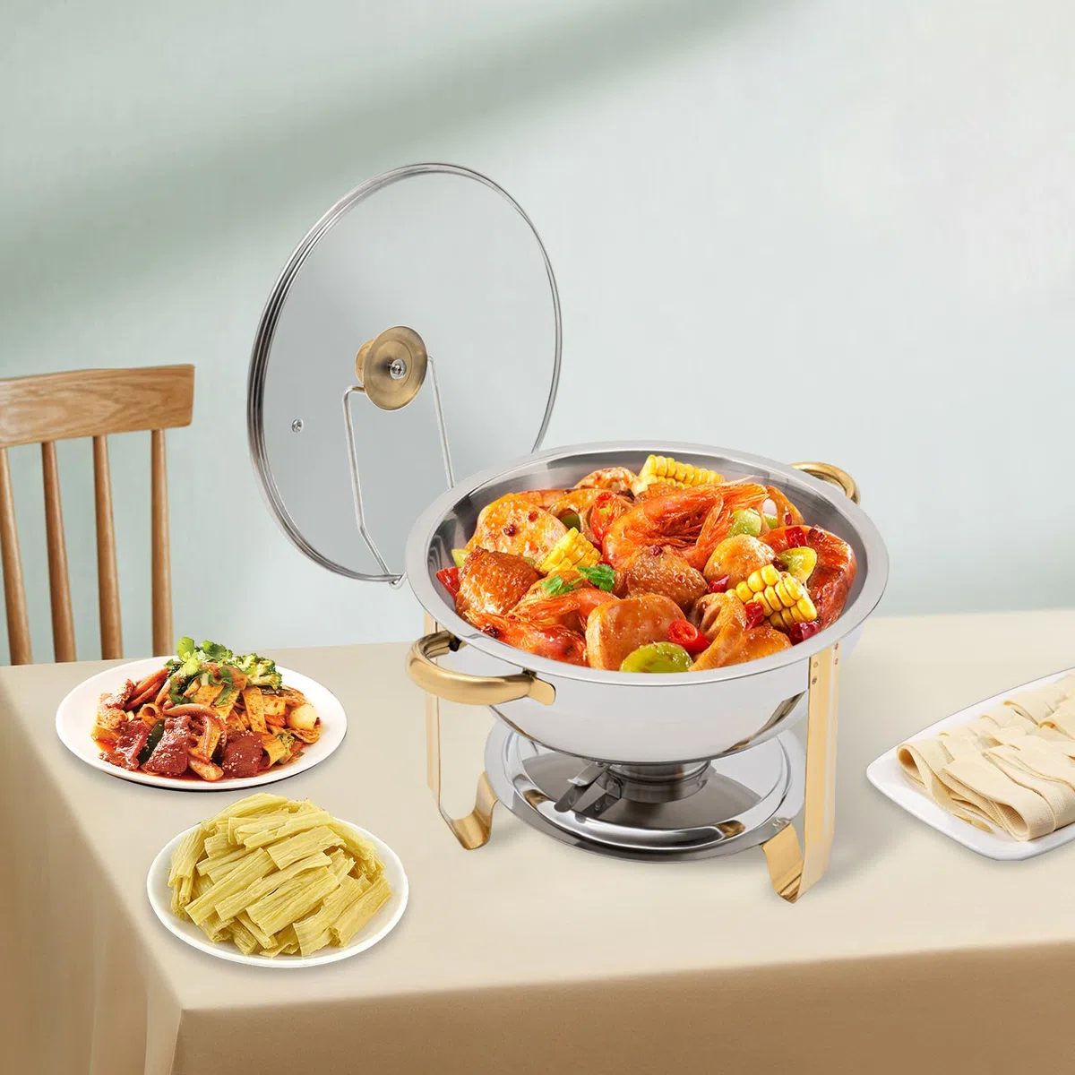 Chafing Dish Buffet Set de recipientes de 5 L, redondo, calentador de alimentos de acero inoxidable con almacenamiento de la tapa, para reuniones familiares, fiestas (dorado)