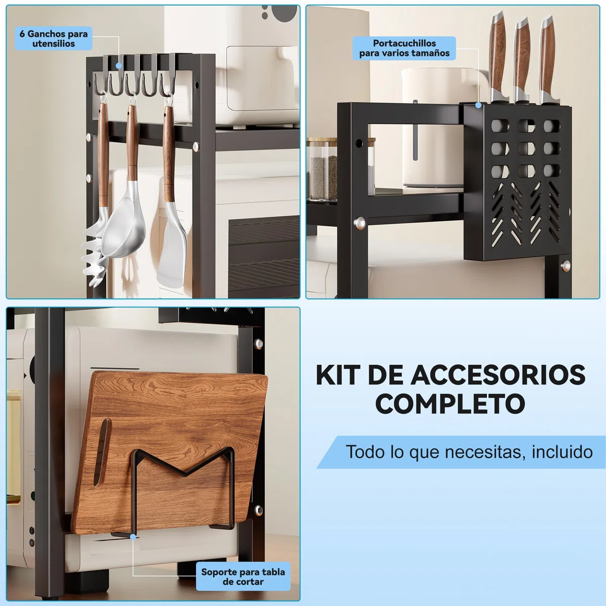 Soporte Extensible Microondas 2 Niveles - Mueble Estantería Cocina | Estante de encimera, organizador de almacenaje: 6 ganchos, portacuchillos y tabla de cortar. Acero al carbono, negro