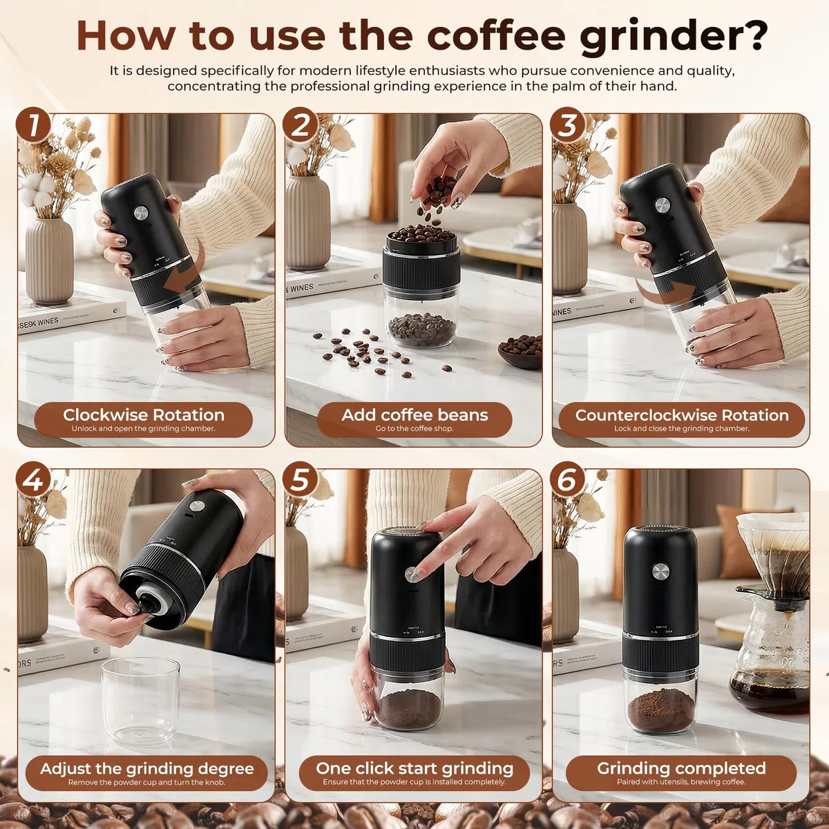 Molinillo de Café Eléctrico, USB Rechargeable Molinillo de Cafe con Mecanismo de Cerámica, Grosor Ajustable Moledor de Cafe Portátil Molino Café Expreso Eléctrico para Hogar, Oficina