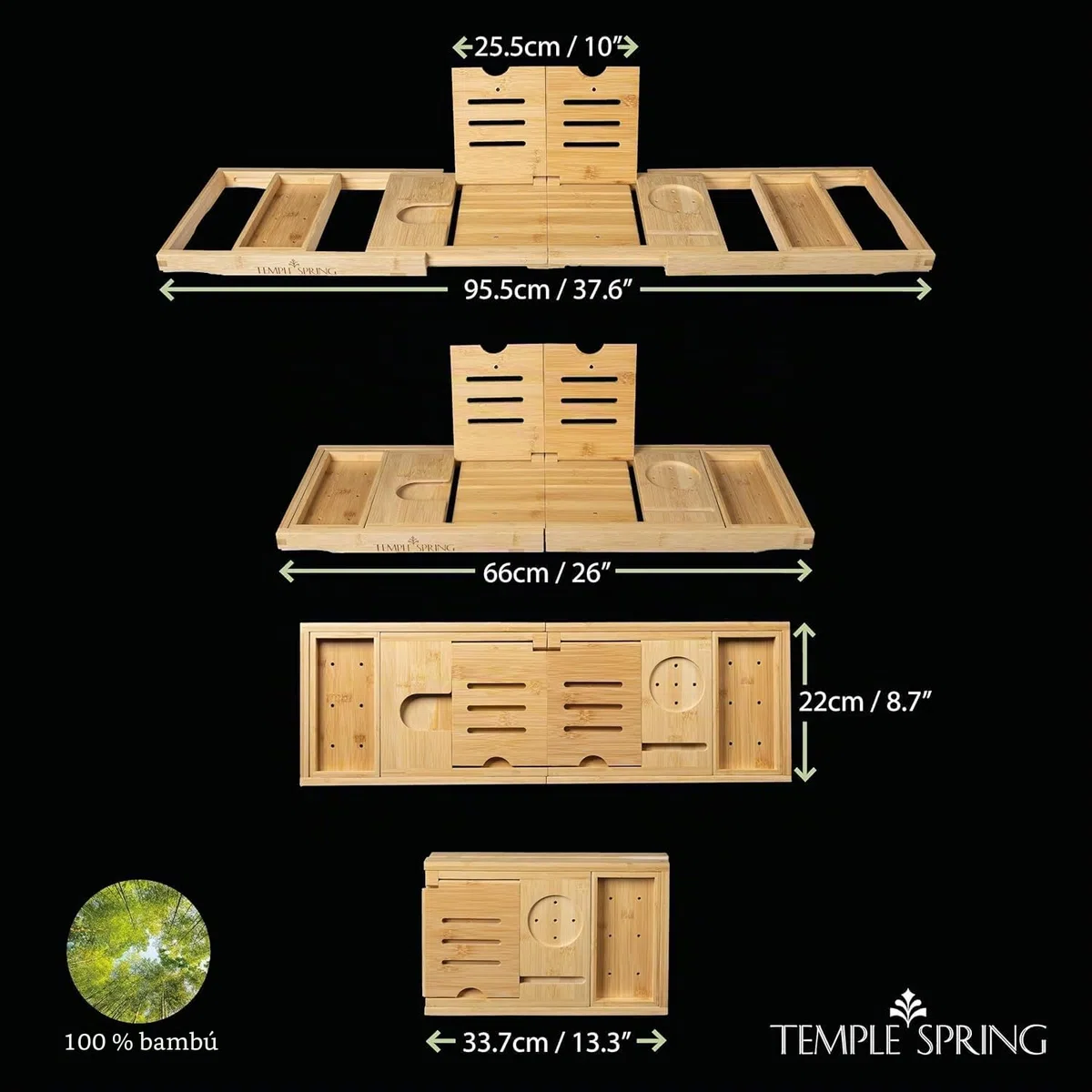 Temple Spring Diseño Único Estante Baño, Bambu Bandeja Baño Plegable, Bandeja Bañera Extensible, Accesorios Bañera – Natural