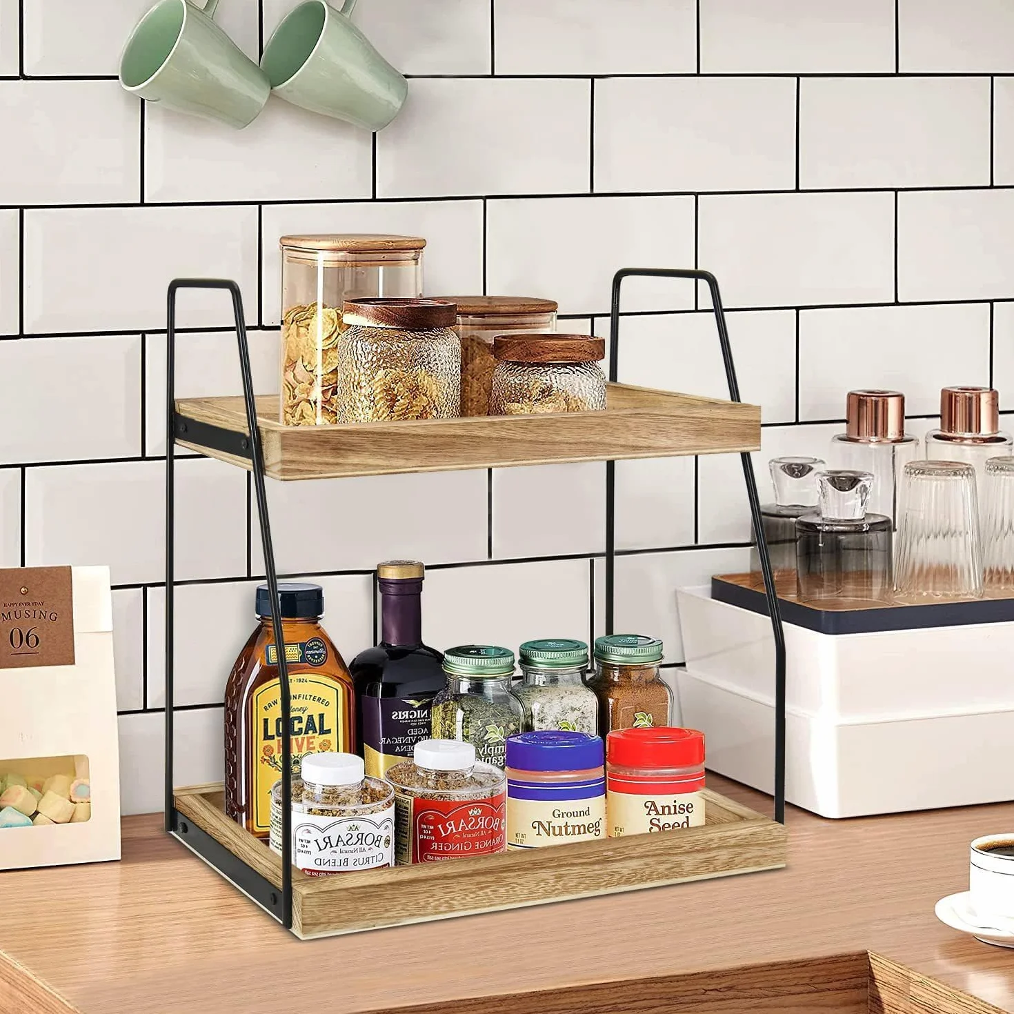 XUDREZ Organizador de estación de café para encimera, organizador de accesorios de barra de café de 2 niveles, almacenamiento de condimentos, estante de cocina de mostrador de madera para baño, cocina