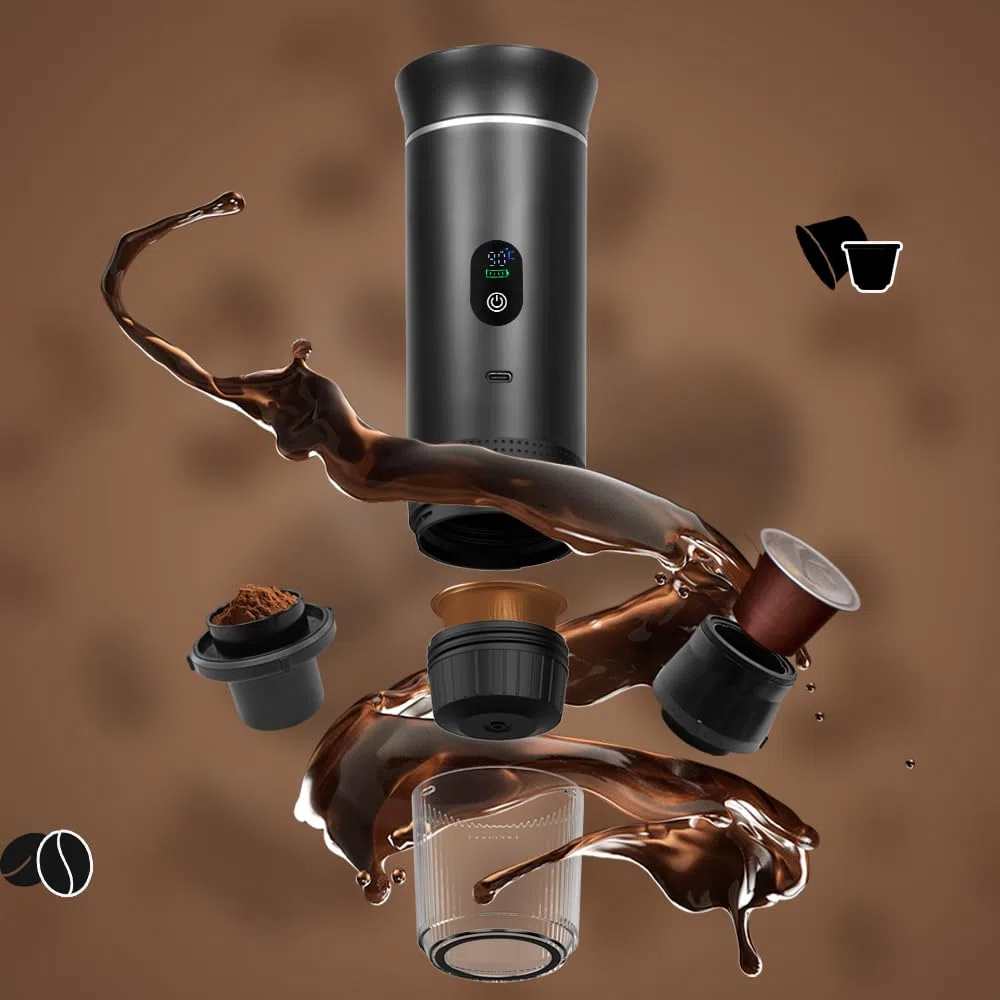 SAUSI Cafetera Portatil 3 en 1 - Batería USB Recargable, Capacidad 80 ml, Compatible con Cápsulas Espresso y Café Molido, Ideal para Coche, Oficina, Viajes y Camping