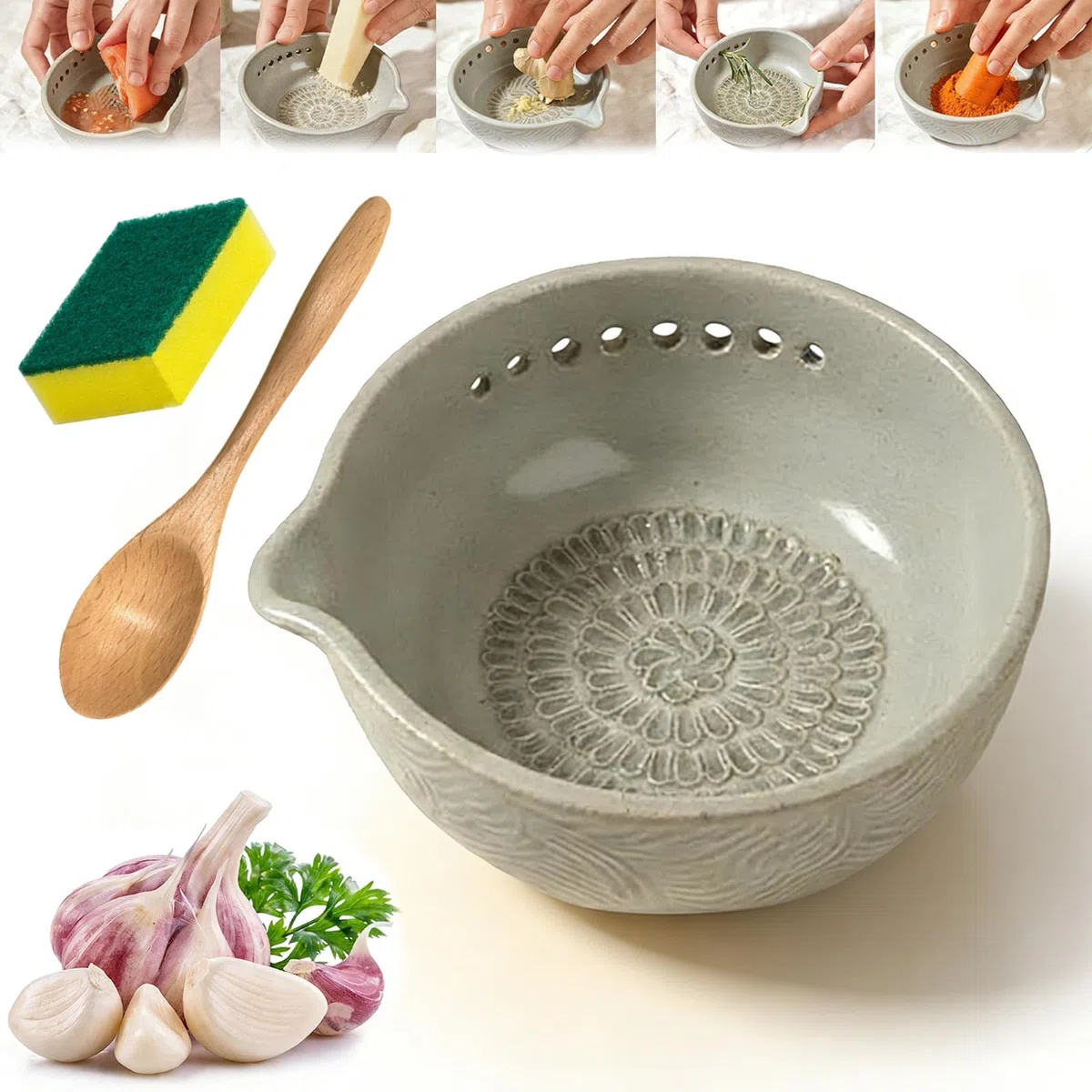 Handmade Garlic Grater X Herb Bowl, Multi-Functional 2-in-1 Stoneware Kitchen Prep Tool, Ceramic Herb Stripper and Garlic Grater Bowl, Effortless Prep, for Ginger, Cheese, Salad (1pc)