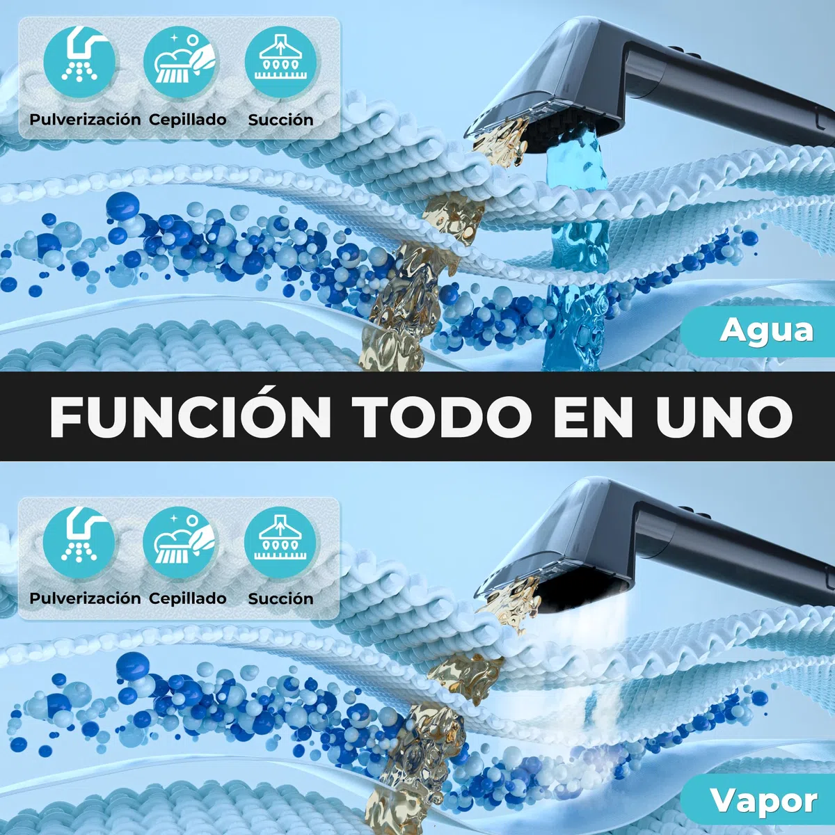 UMI Limpiador a Vapor y Aspiradora de Tapicerías, Limpieza Profunda | con 4 Modos, Calefacción 1200W, con Detergente y Cepillos, Para Sofás Colchones Alfombras, Depósitos 1,2L y 1,1L