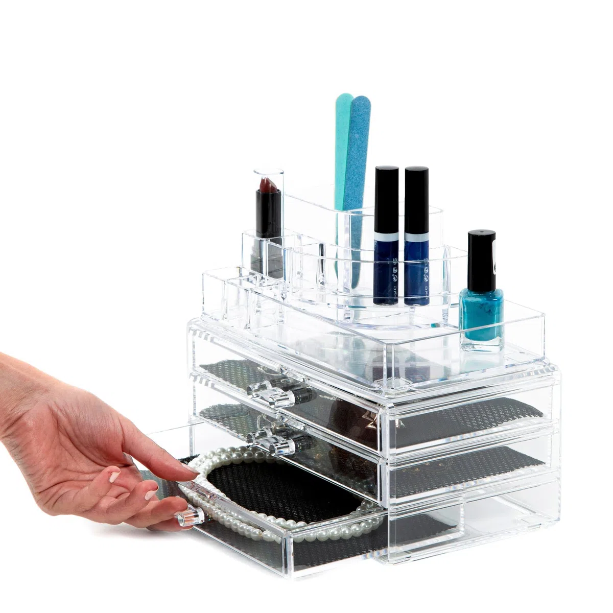 Compactor Organizador de cosméticos y joyería con 3 cajones y múltiples Compartimentos, Transparente, Fabricado en poliestireno, 24 x 15 x 18.7 cm, RAN5055
