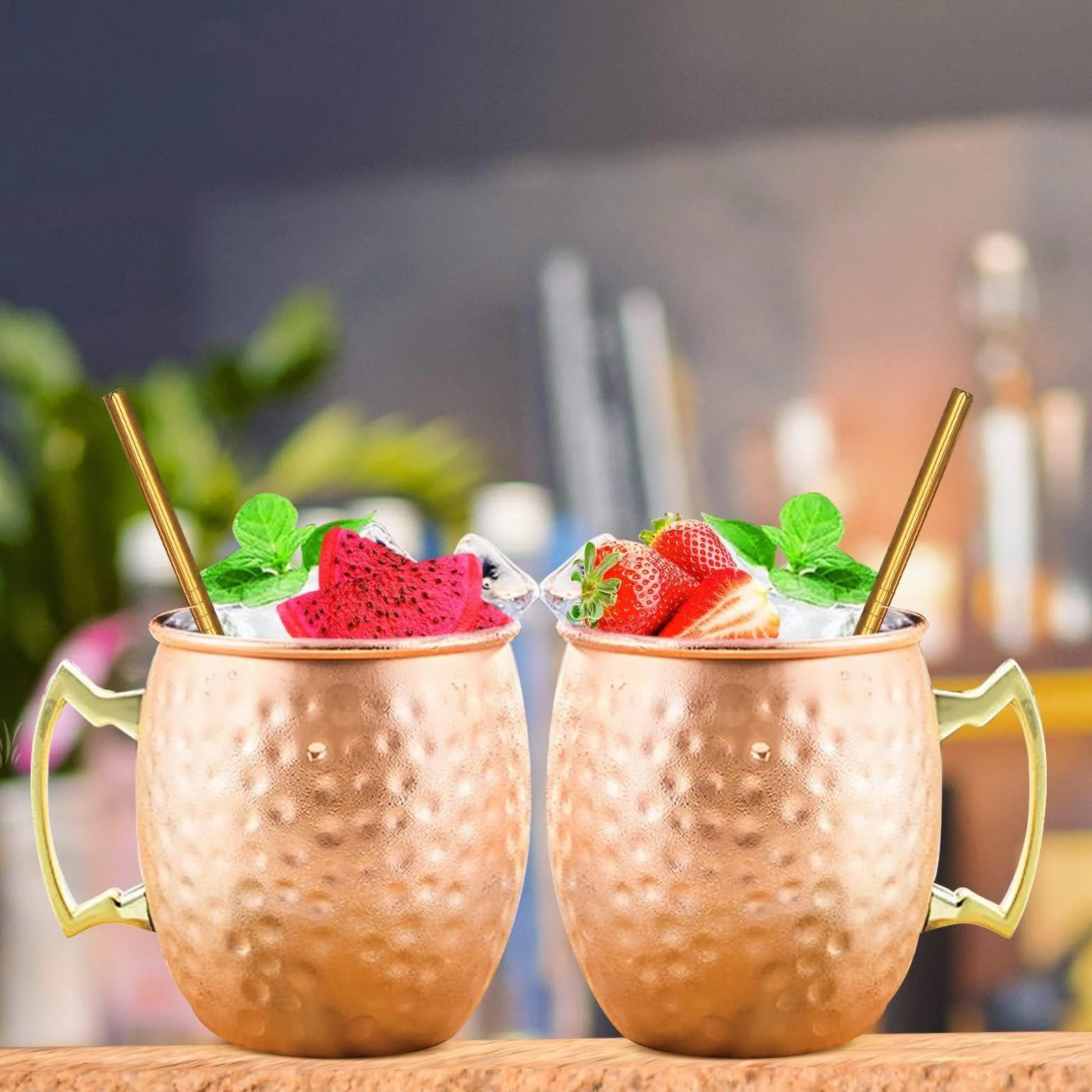 Moscow Mule Copas de cobre - Juego de 2 tazas de acero inoxidable de 540 ml, tazas martilladas seguras para alimentos, perfectas para cócteles, vaso de agua, bebida fría