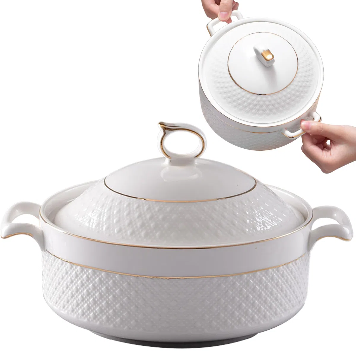 Cerámica de sopa de treen, 1.5L para servir blancos con borde dorado de doble manija tureen con tapa y cucharón para pasta, con tapa y cucharón