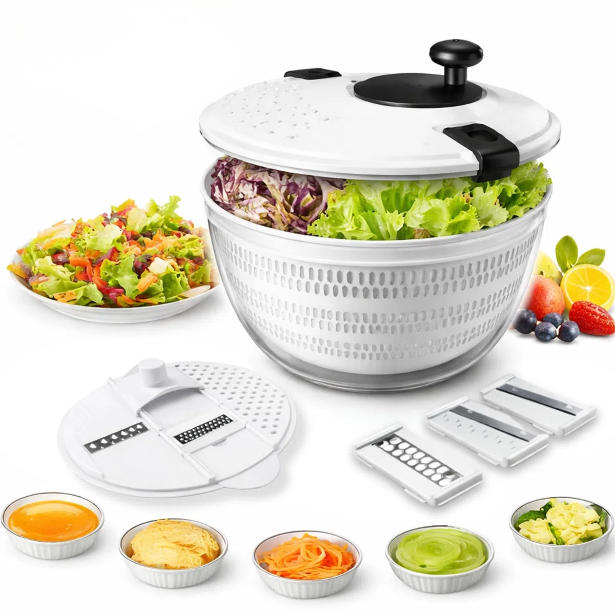 Centrifugadora de Lechuga 5L,Escurridor de Ensalada con Base Antideslizante, Secador de Lechuga BPA Free con Colador y Bol, Incluye Tapa con Cortador de Verduras y 6 Cuchillas Intercambiables