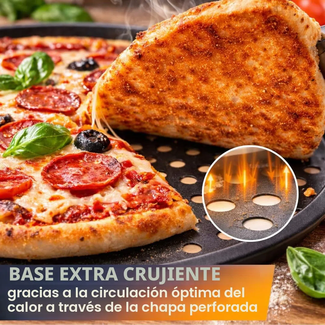 Juego de 4 bandejas para pizza de 32 cm de diámetro, bandeja para pizza y tarta de fuego de acero perforada, revestimiento antiadherente, bandeja crujiente para base extra crujiente