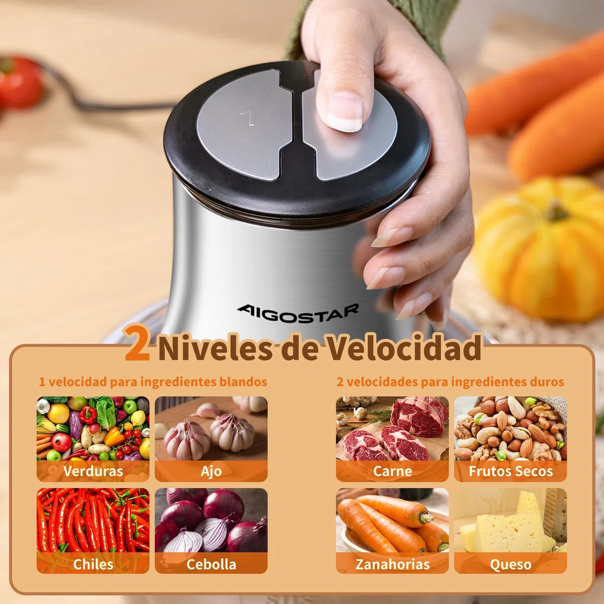 Aigostar Flor - Picadora Eléctrica 500W, Procesador de Alimentos con Tazón de Acero Inoxidable 1.8L, 4 Cuchillas Afiladas y 2 Velocidades, Ideal para Carne, Verduras, Frutas y Cebolla