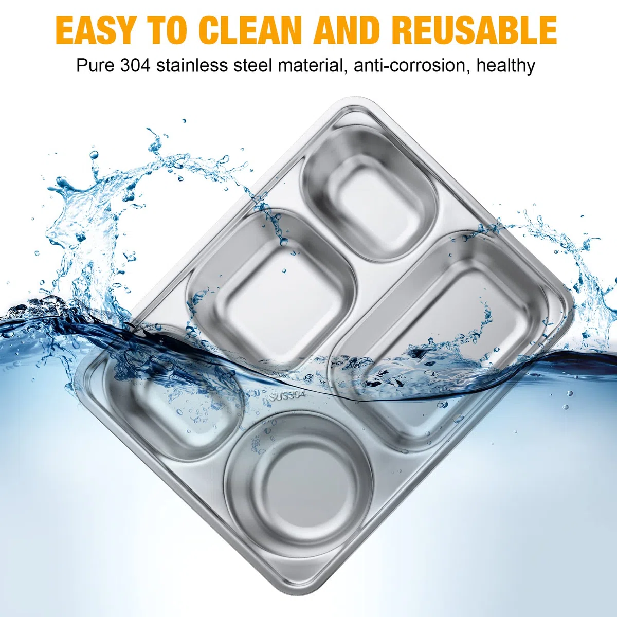 Foaincore Paquete de 8 platos divididos rectangulares de acero inoxidable con 5 compartimentos, bandeja de metal irrompible para almuerzo, cena, camping, calibre pesado