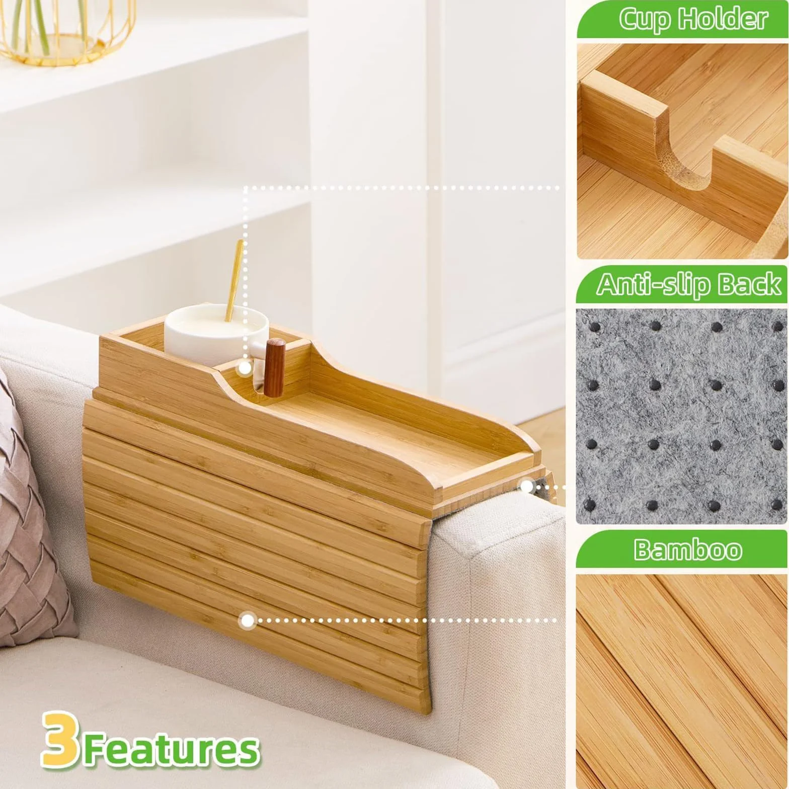 Bandeja de Brazo para Sofá con Alfombrillas para Tazas, Bandeja para Reposabrazos de Sofá Plegable, Mesa de Brazo de Sofás Bandejas de Sofás de Madera Antideslizante con Portavasos para Mando, Tazas
