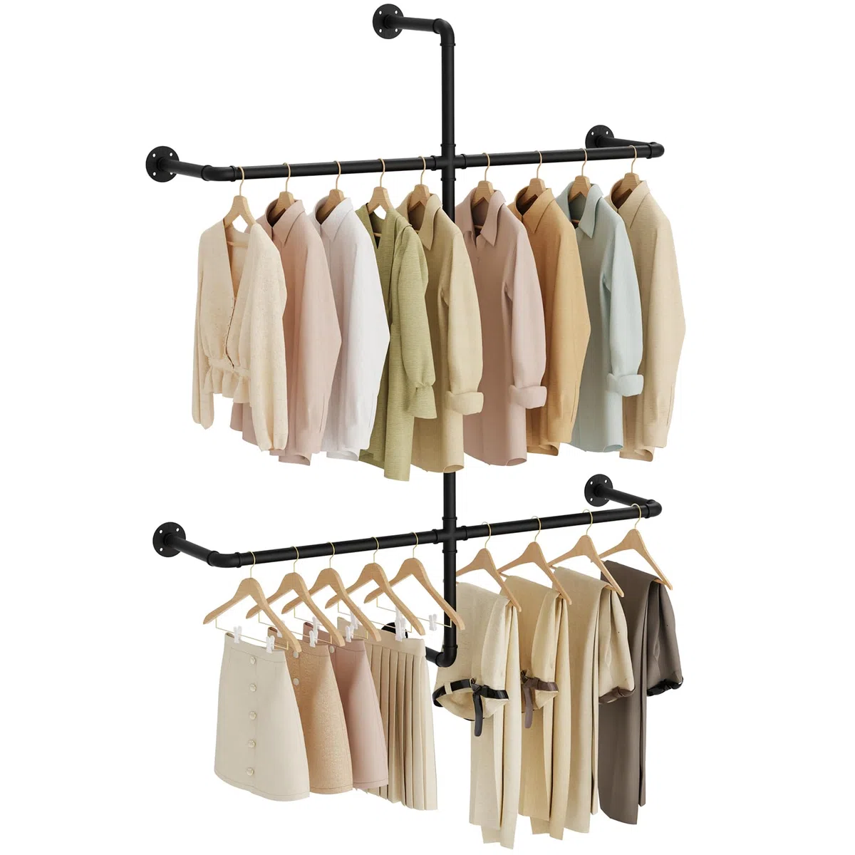 Yawinhe Barra Para Colgar Ropa de Pared,2 columnas Burro Ropa,Negro | Armario Abierto,Perchero Industrial Resistente;Barra Perchero de Tubos Metálicos para Dormitorio,para Tienda de Ropa