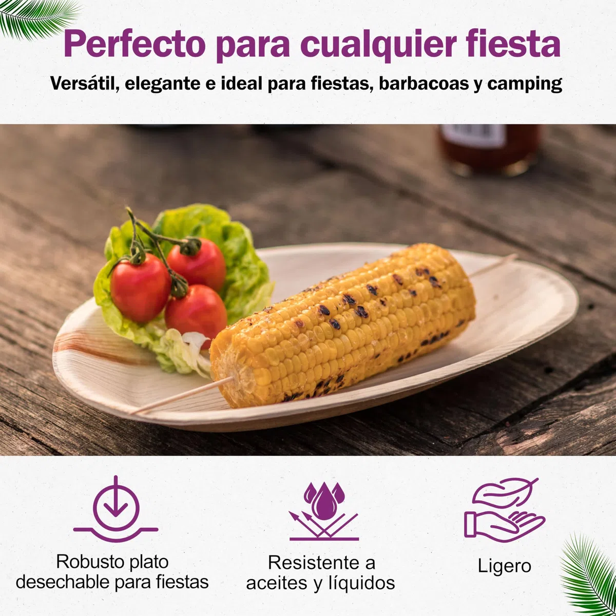 25 Platos Desechables de Hoja de Palma Orgánicos - Ovalado 25 cm - Vajilla Ecológica - Estable, Natural y Biodegradable - Elegantes para Fiestas - como Menaje de Bambu